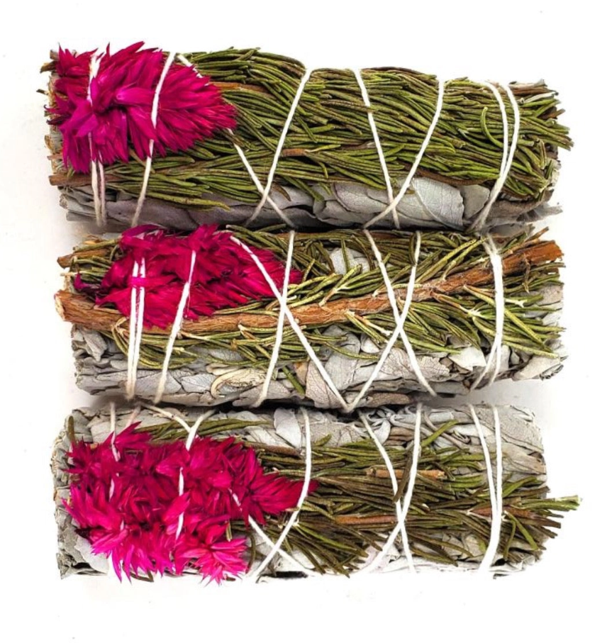 Pink Celosia Flower + White Sage + Rosemary Smudge Wand