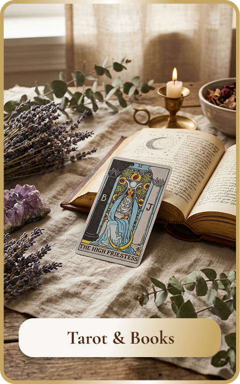 A tarot card titled 'The High Priestess' placed on an open book on a table with flowers, a lit candle, and a bowl of dried flowers in a cozy setting.