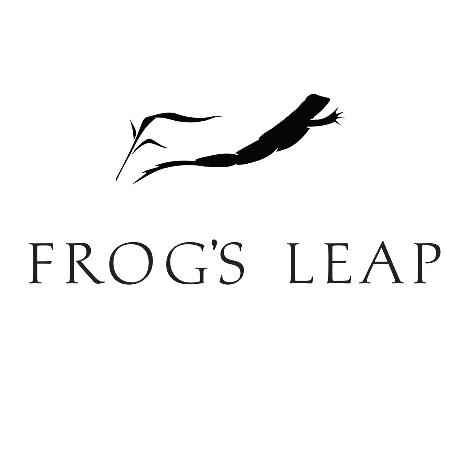 A black silhouette of a frog jumping over stylized grass with the text 'Frog's Leap' below.