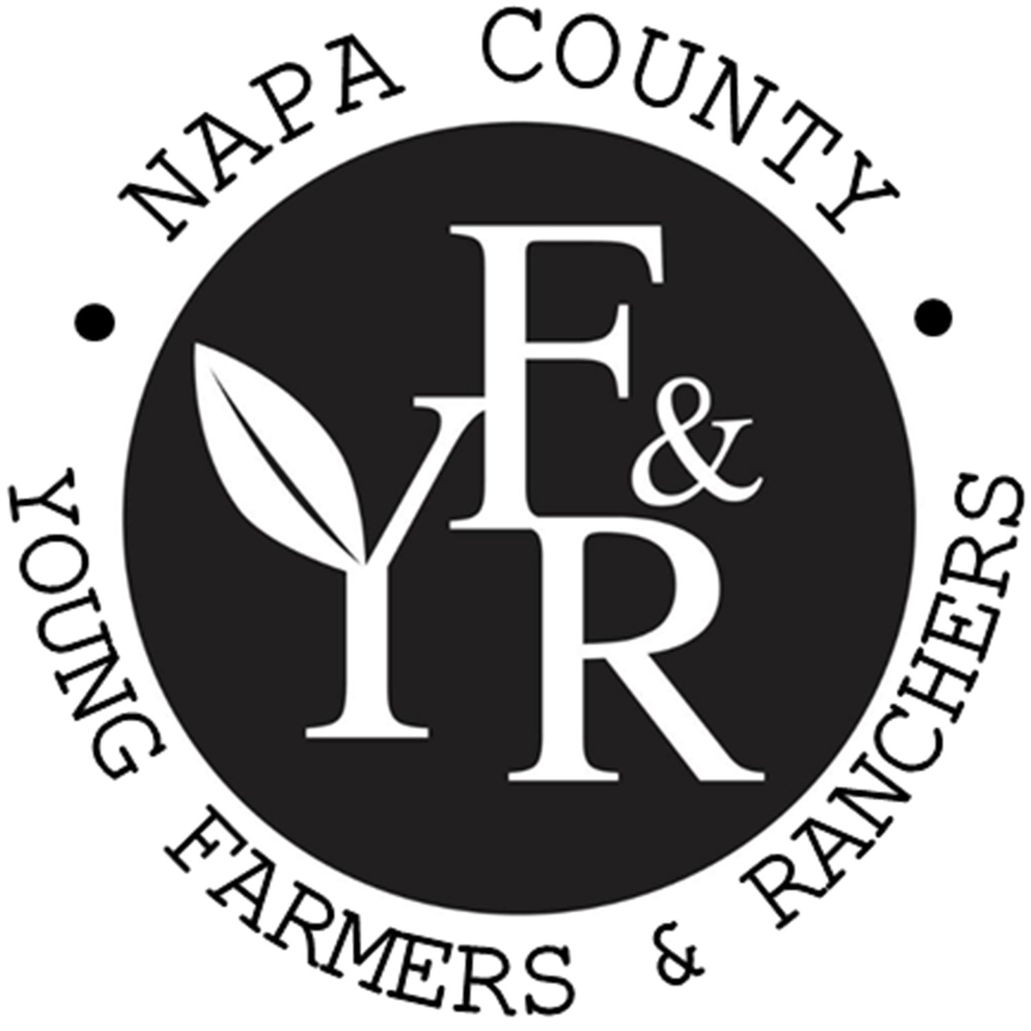 Logo for Napa County Young Farmers & Ranchers featuring the text Napa County surrounding a black circle with white letters F & R, a stylized leaf and Y.