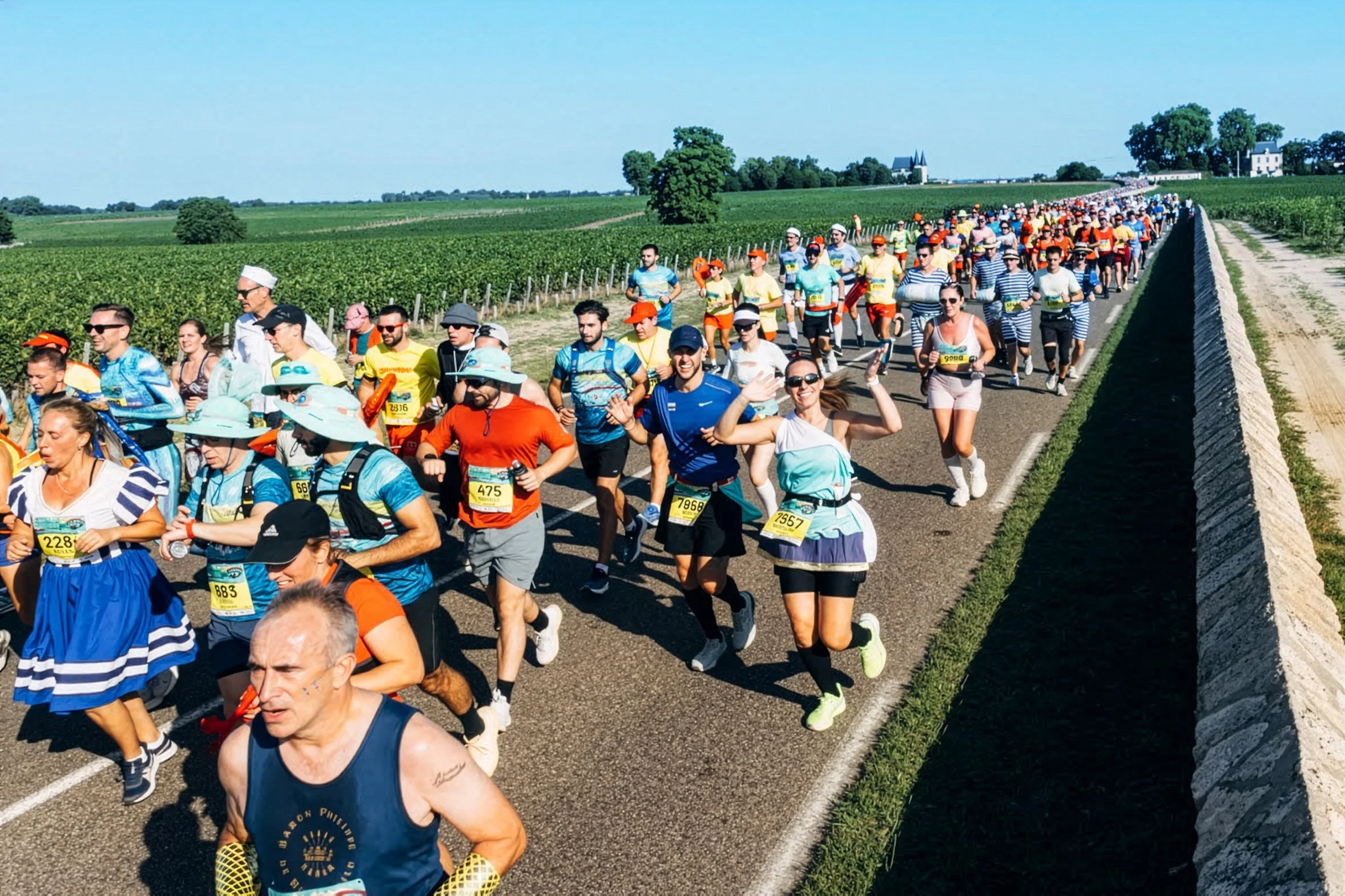 People participating in a marathon on a sunny day, running along a rural road with green fields and farmland in the background.