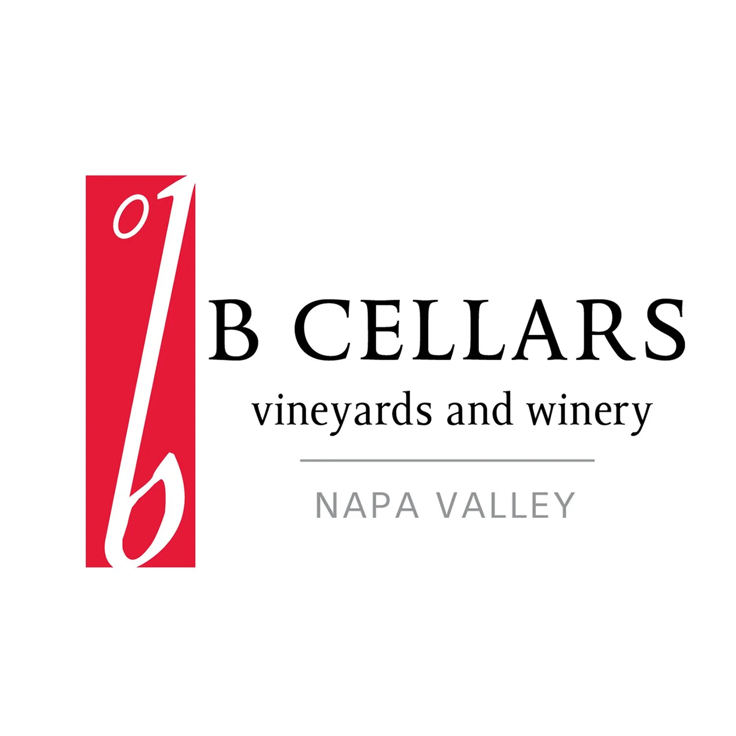 Logo for B Cellars vineyards and winery in Napa Valley featuring a red rectangular graphic with white stylized handwritten 'b' and '1', and black text with the winery's name and location.
