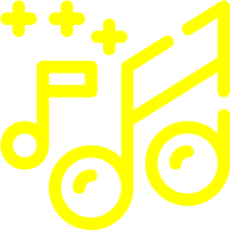 Music notes and symbols representing musical notation, including plus signs and a musical clef, in yellow on a black background.