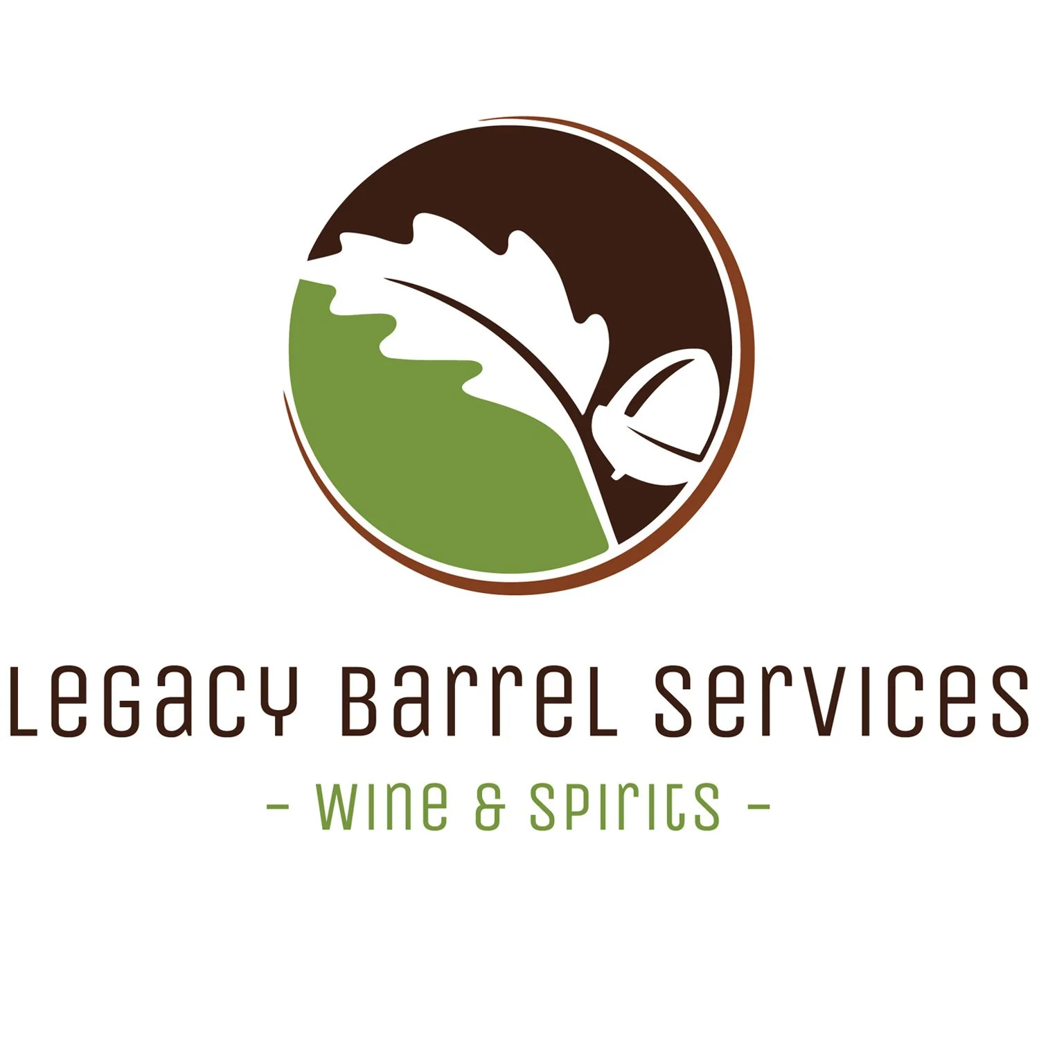 Logo for Legacy Barrel Services featuring a circular design with a brown, green, and white leaf and barrel icon, and the text "Legacy Barrel Services Wine & Spirits."