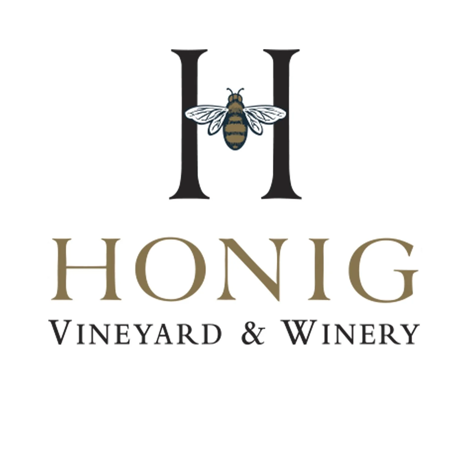 Logo for Honig Vineyard & Winery with a large black letter H, a bee illustration in the center, and the words 'Honig Vineyard & Winery' beneath in gold and black text.