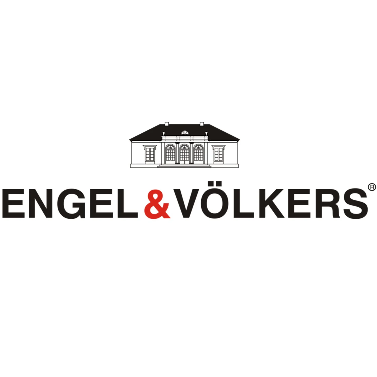 Engel & Völkers logo featuring a stylized black house above the company name in black and red text.