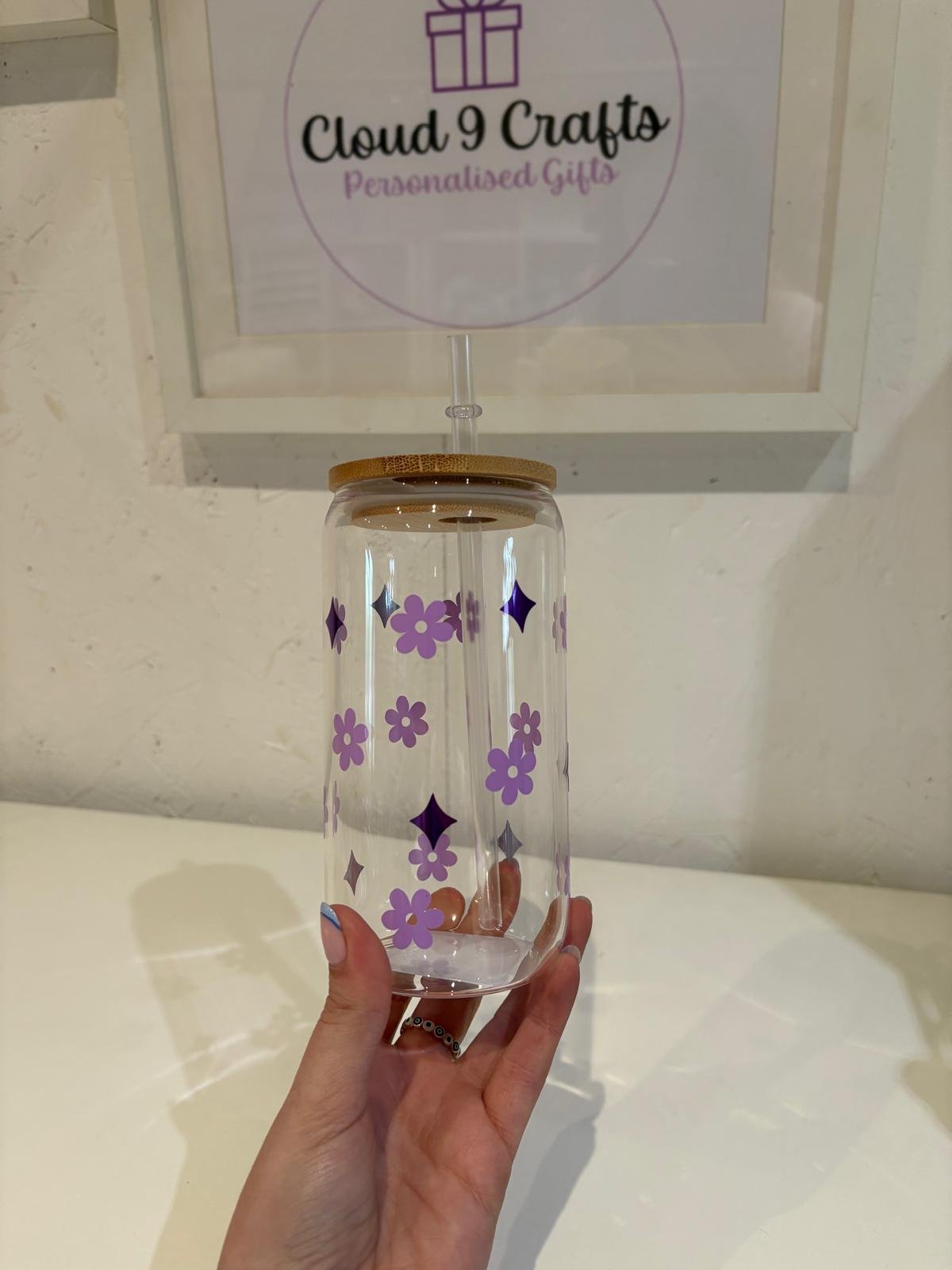 16oz Daisy & Diamond Bamboo Glass Can