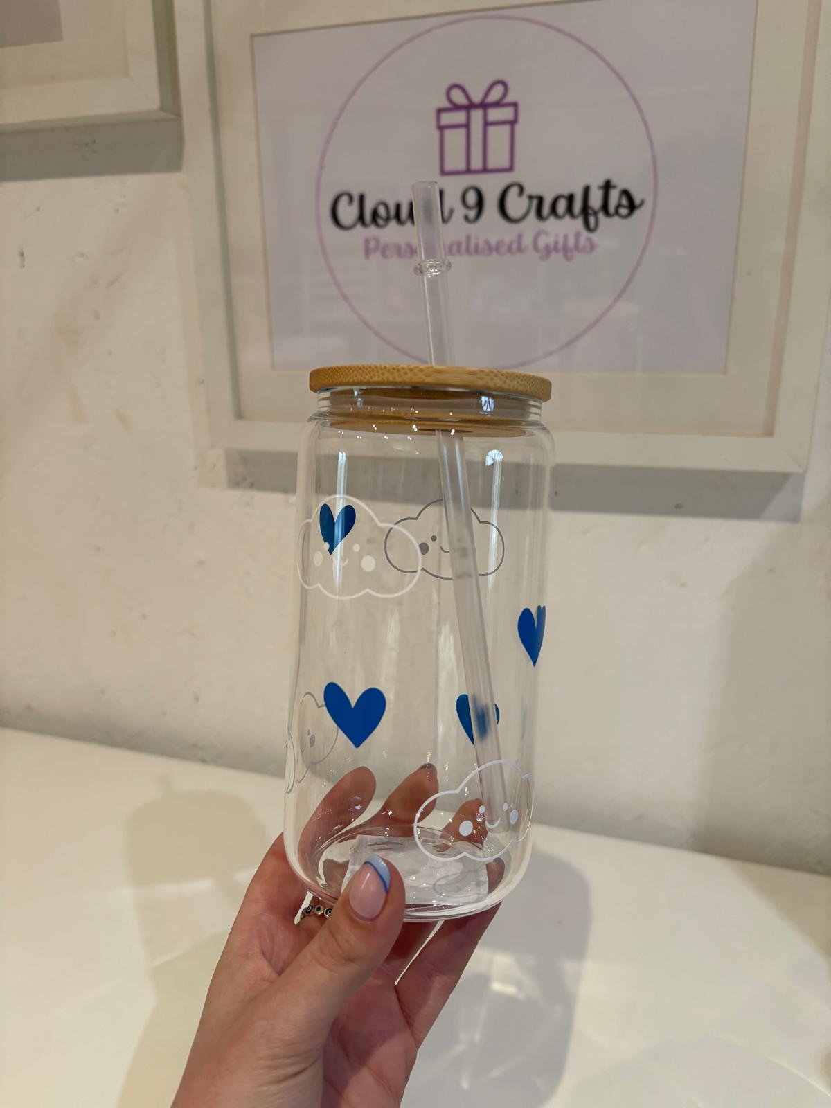 16oz Cloud & Hearts Bamboo Glass Can