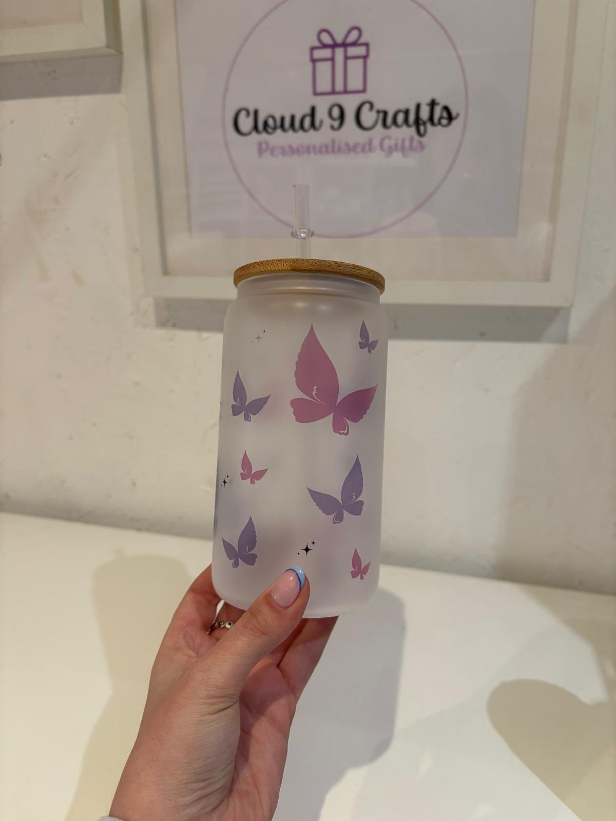 16oz Butterfly Bamboo Frosted Glass Can