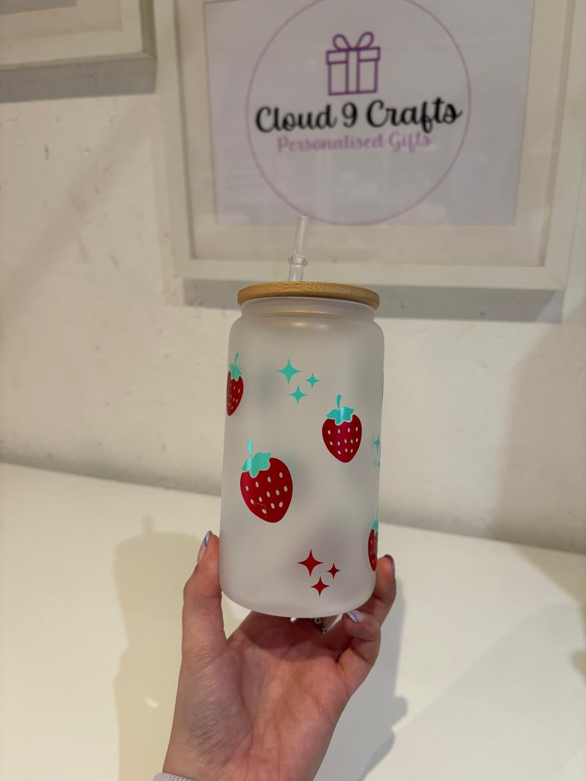 16oz Strawberry Frosted Bamboo Glass Can