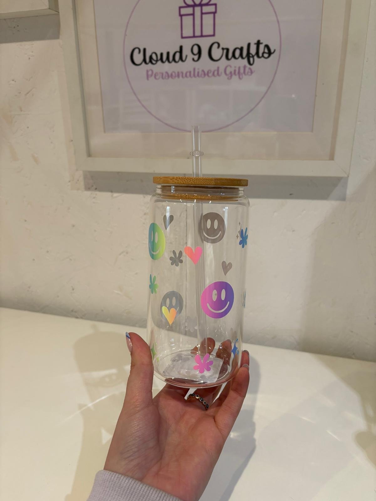 16oz Rainbow Smiley Glass Can