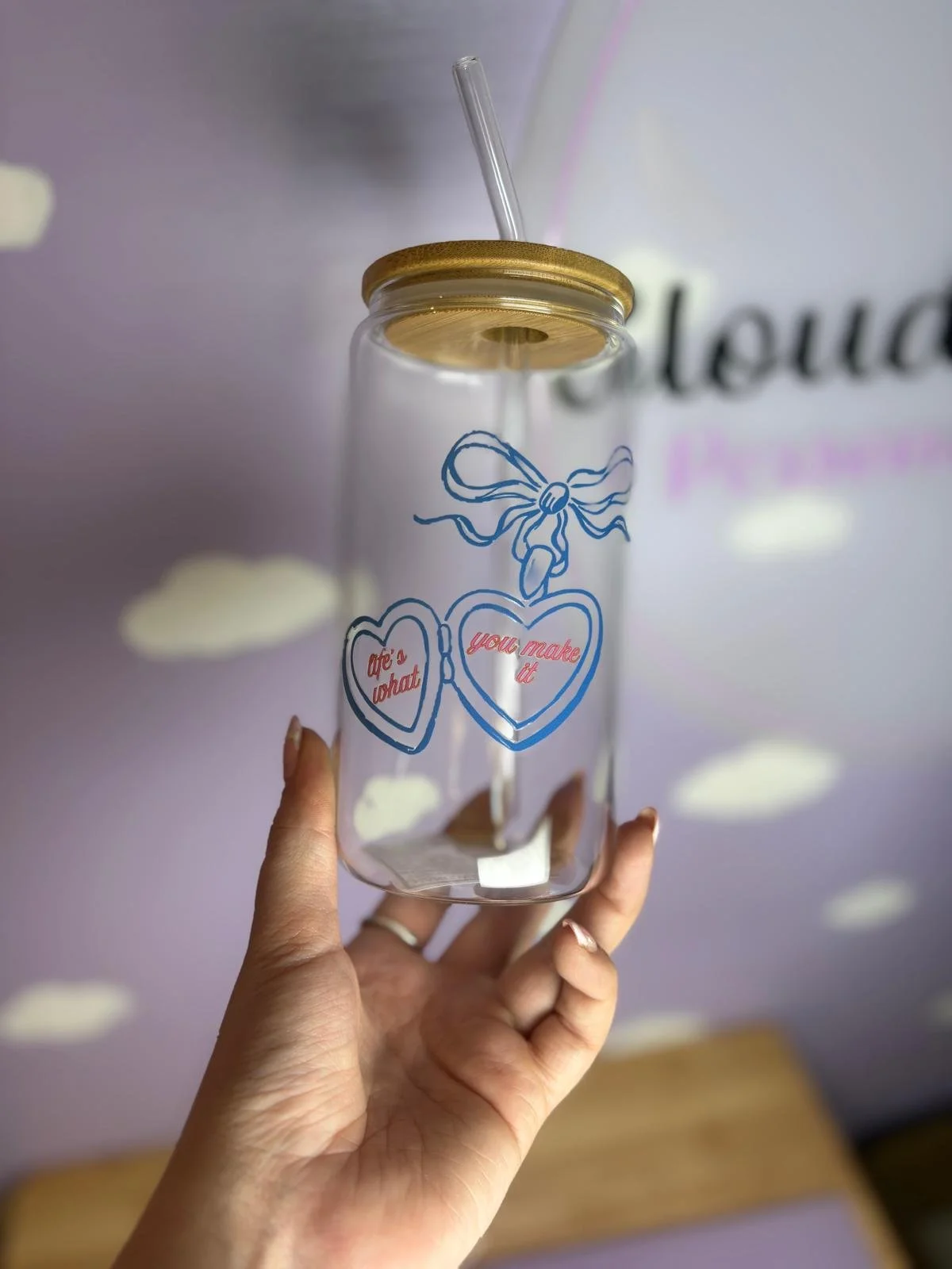 16oz Heart Locket Clear Bamboo Glass Can