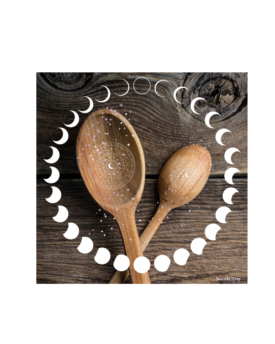 Two wooden spoons on a rustic wooden surface, surrounded by a white moon phase circle and zodiac symbols overlay.