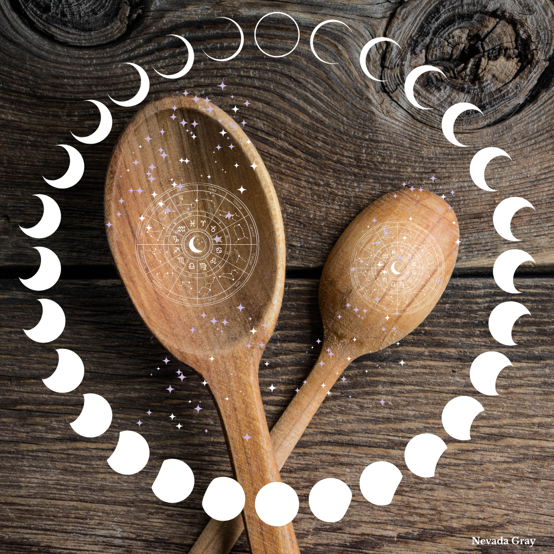 Two wooden spoons placed on a rustic wooden surface with astrological symbols and phases of the moon overlaid on the spoons, forming a heart shape.