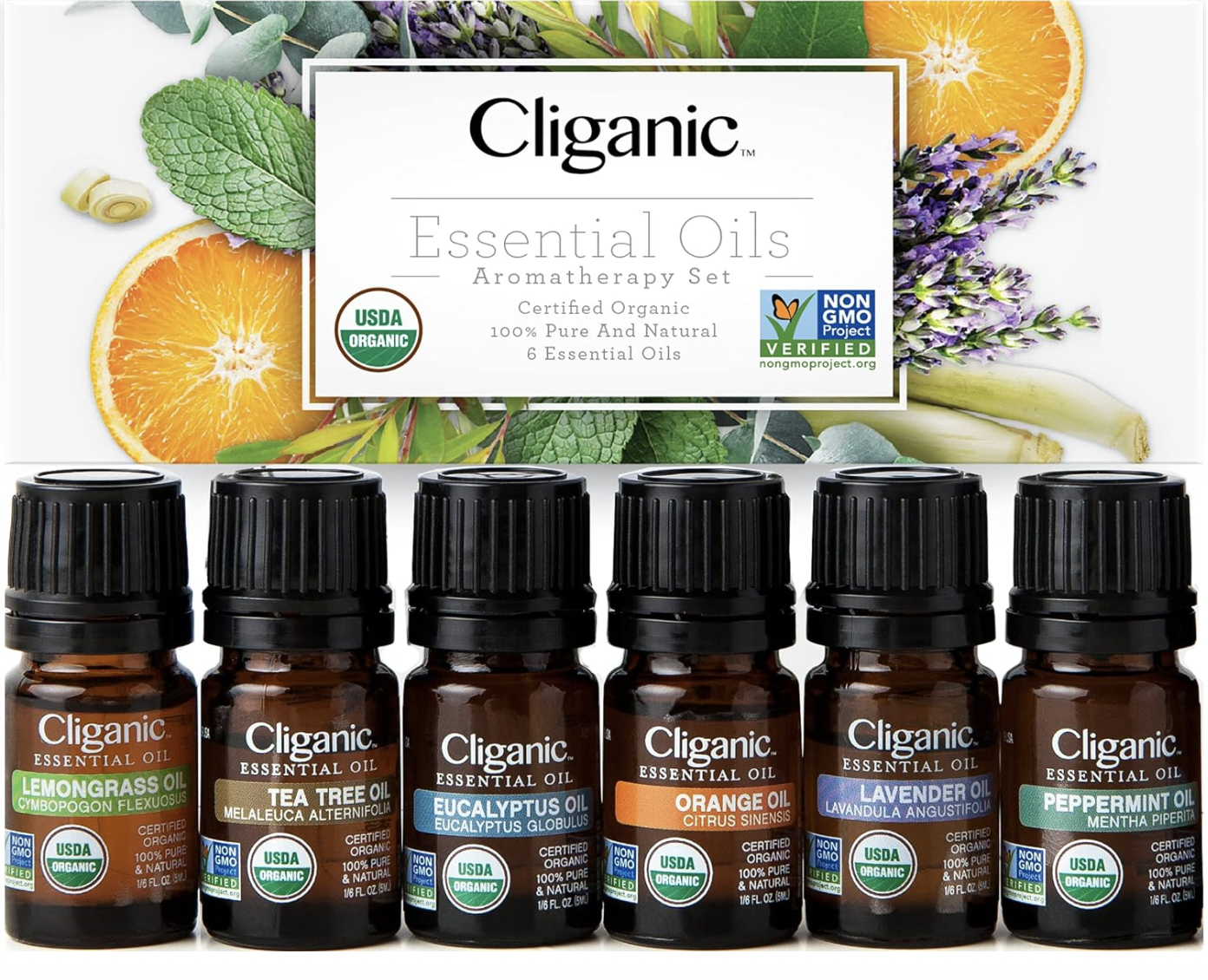 Cliganic USDA Organic Aromatherapy Essential Oils Set (Top 6), 100% Pure Natural - Peppermint, Lavender, Eucalyptus, Tea Tree, Lemongrass & Orange