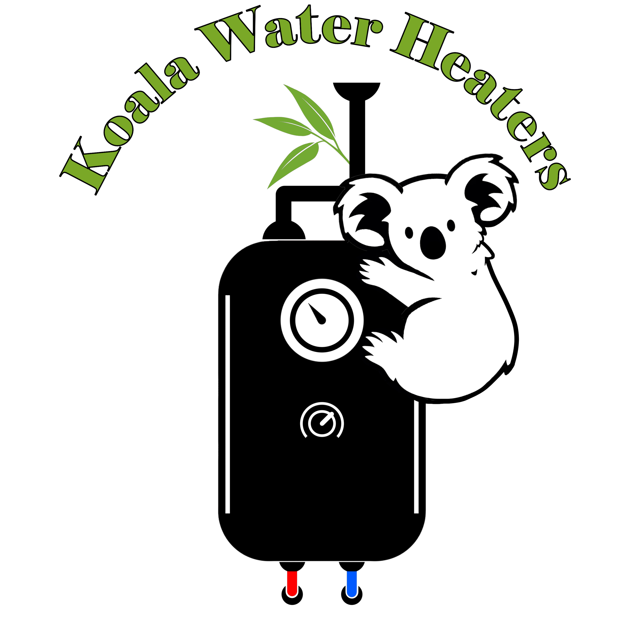 Koala Water Heaters Logo. Image of a Koala hanging on the side of a tankless water heater with the words "Koala Water Heaters" arched above the image.