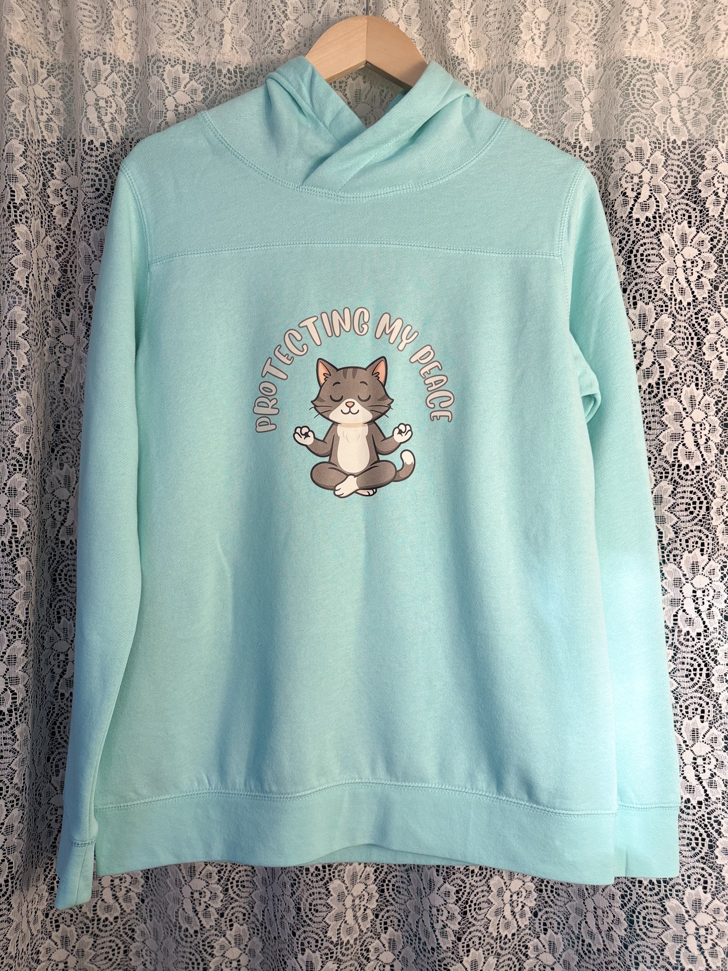 "Protecting my peace" Grey Cat Hoodie - Teal Large