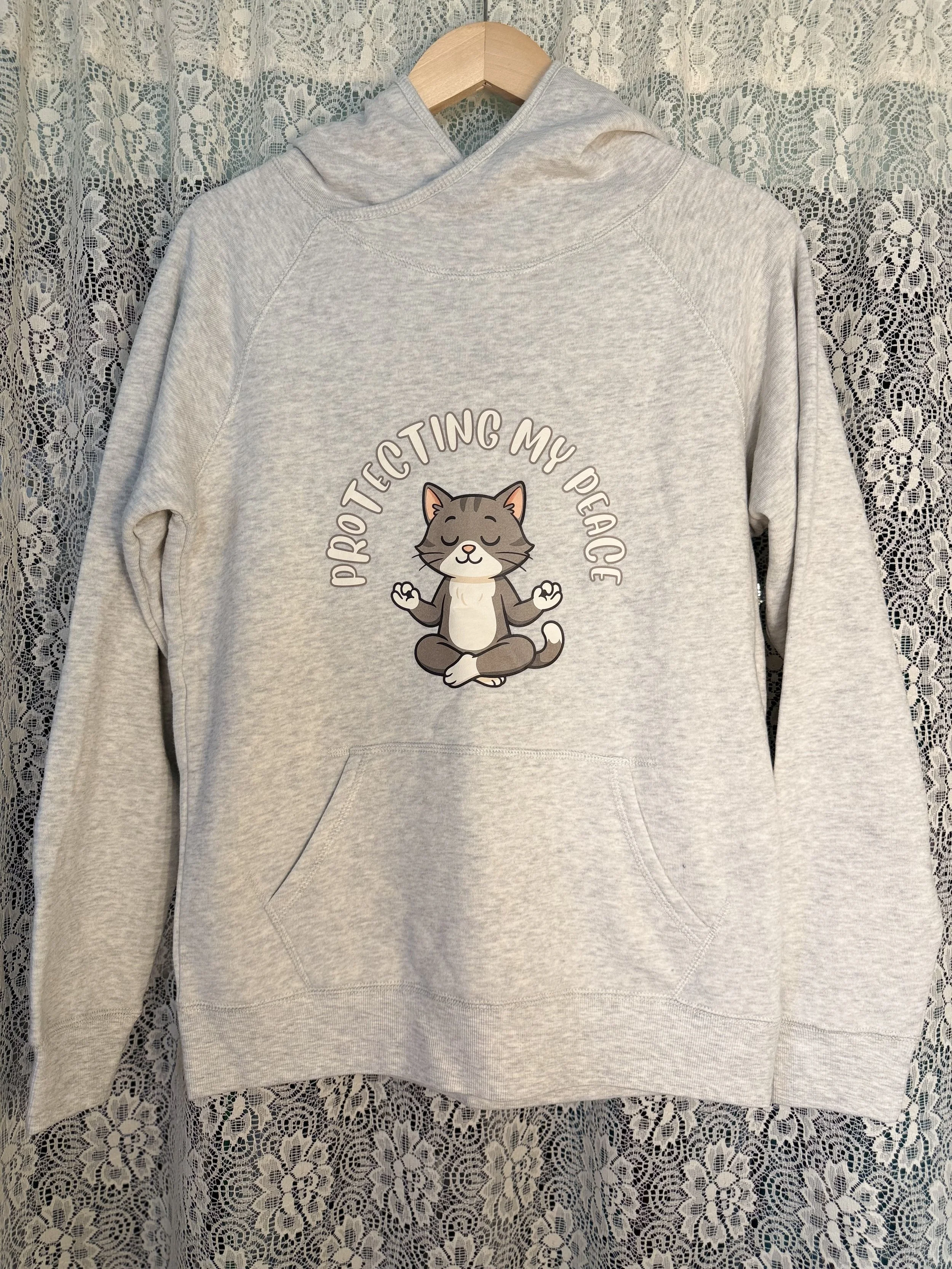 "Protecting my peace" Grey Cat Hoodie- Heather Grey Medium