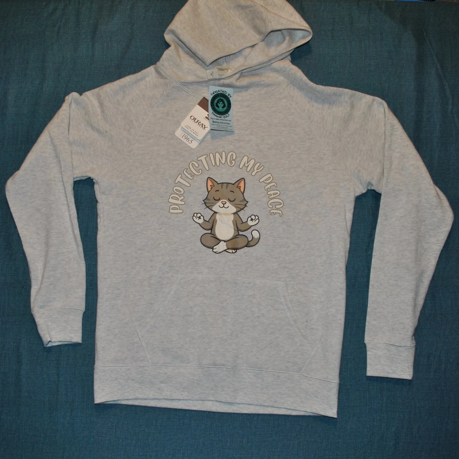 "Protecting my peace" Grey Yoga Cat Hoodie - Size MEDIUM