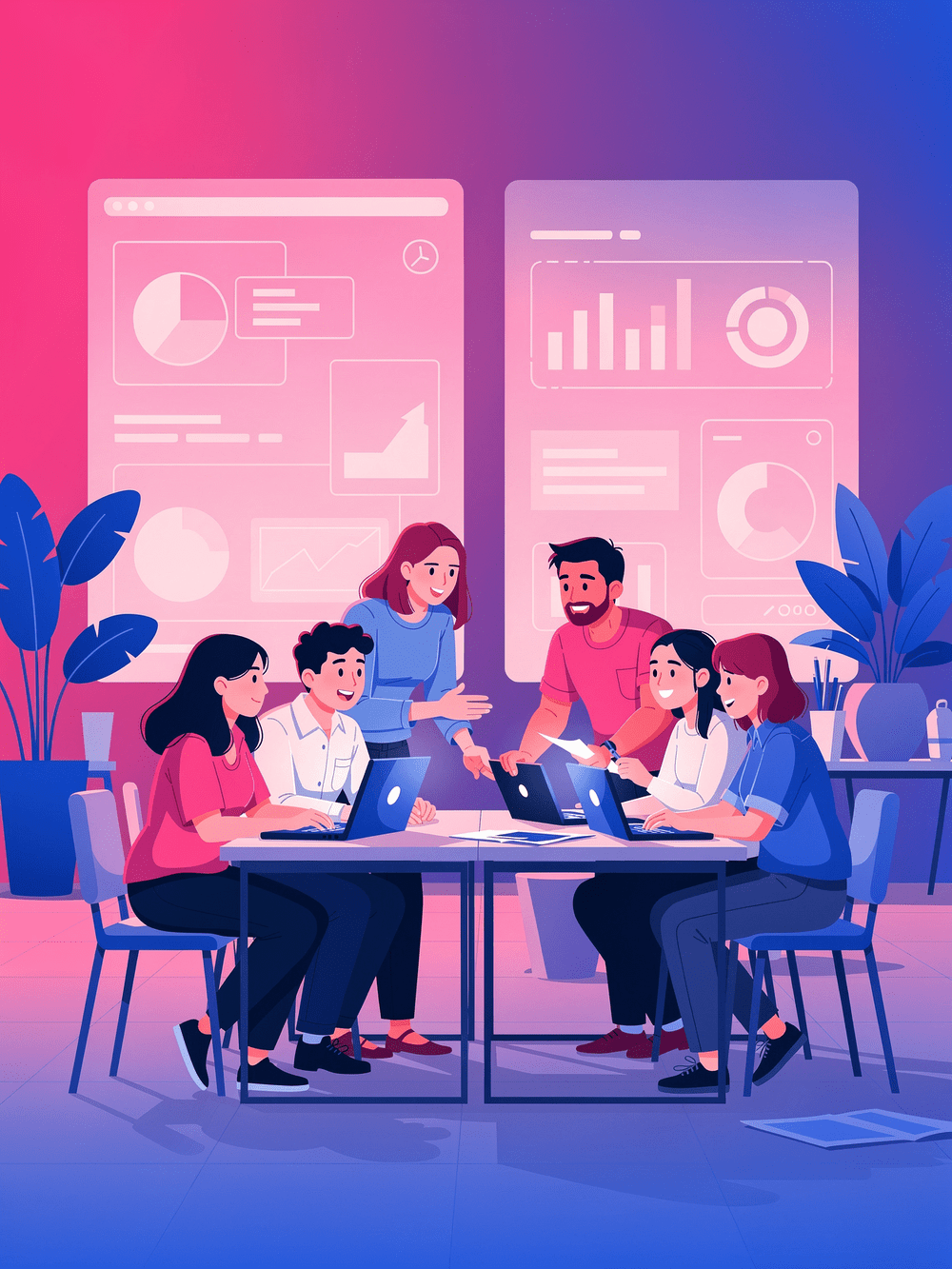 Illustration of professionals working together around a table with laptops