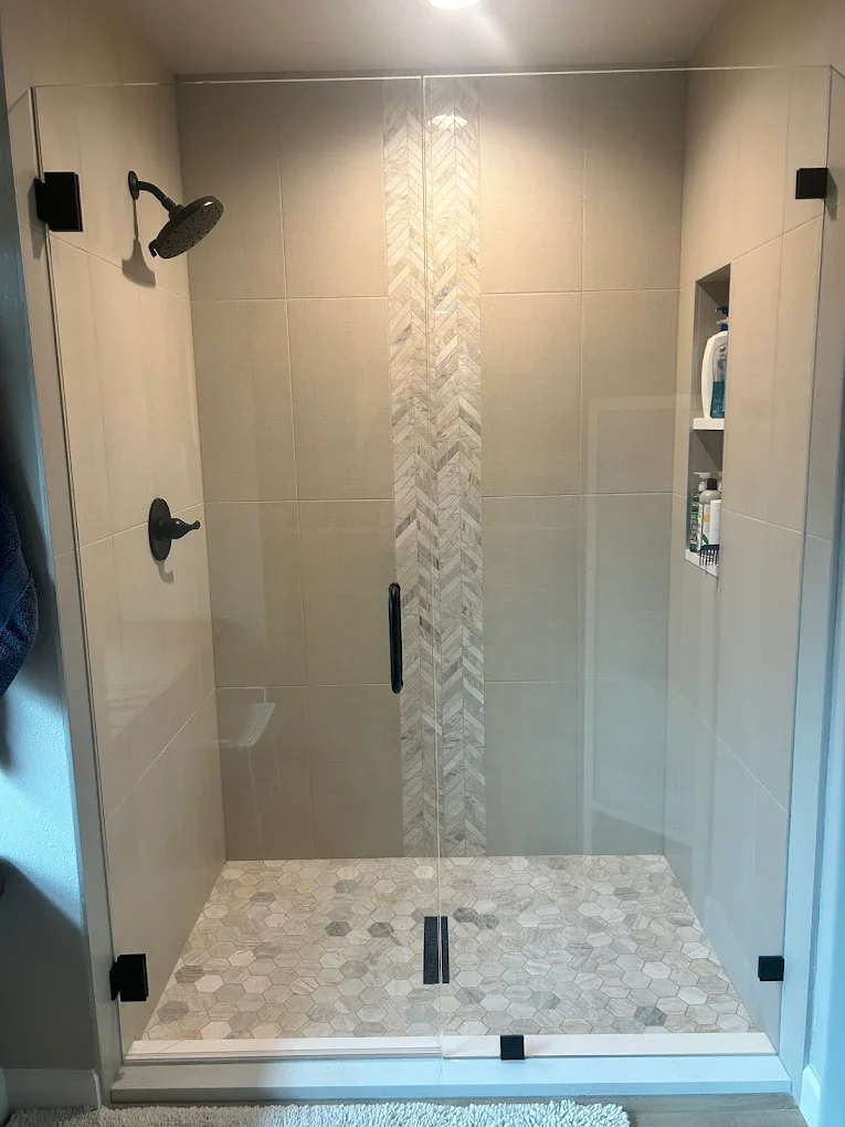Custom Shower Glass - Hinged Door & Fixed Panel with Matte Black Hardware
