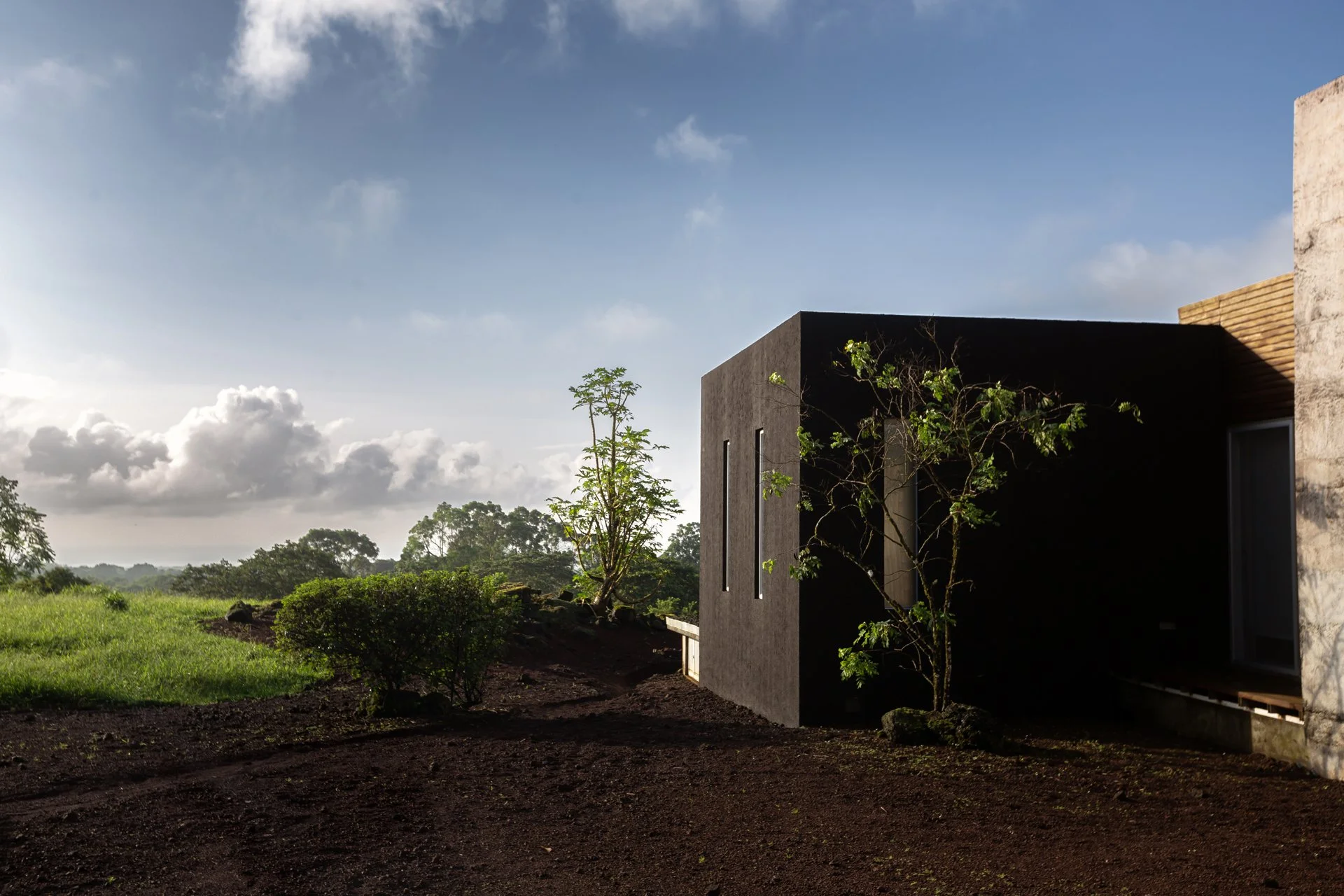 Modern house with dark and light concrete walls, surrounded by small trees and greenery under a partly cloudy sky.