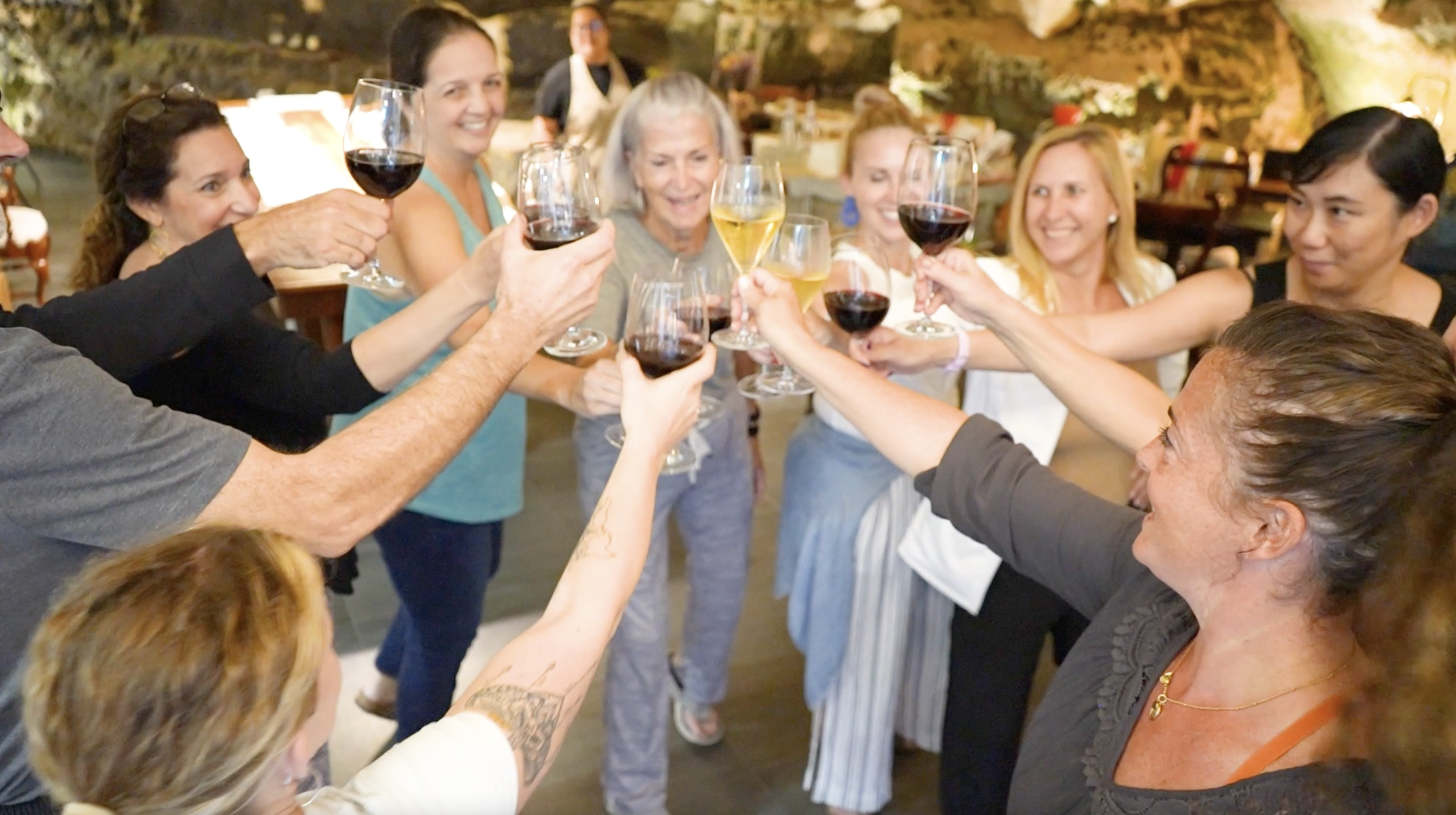 Group of diverse women and a man raising glasses of red wine and champagne in a toast at a celebration in a cozy indoor setting.