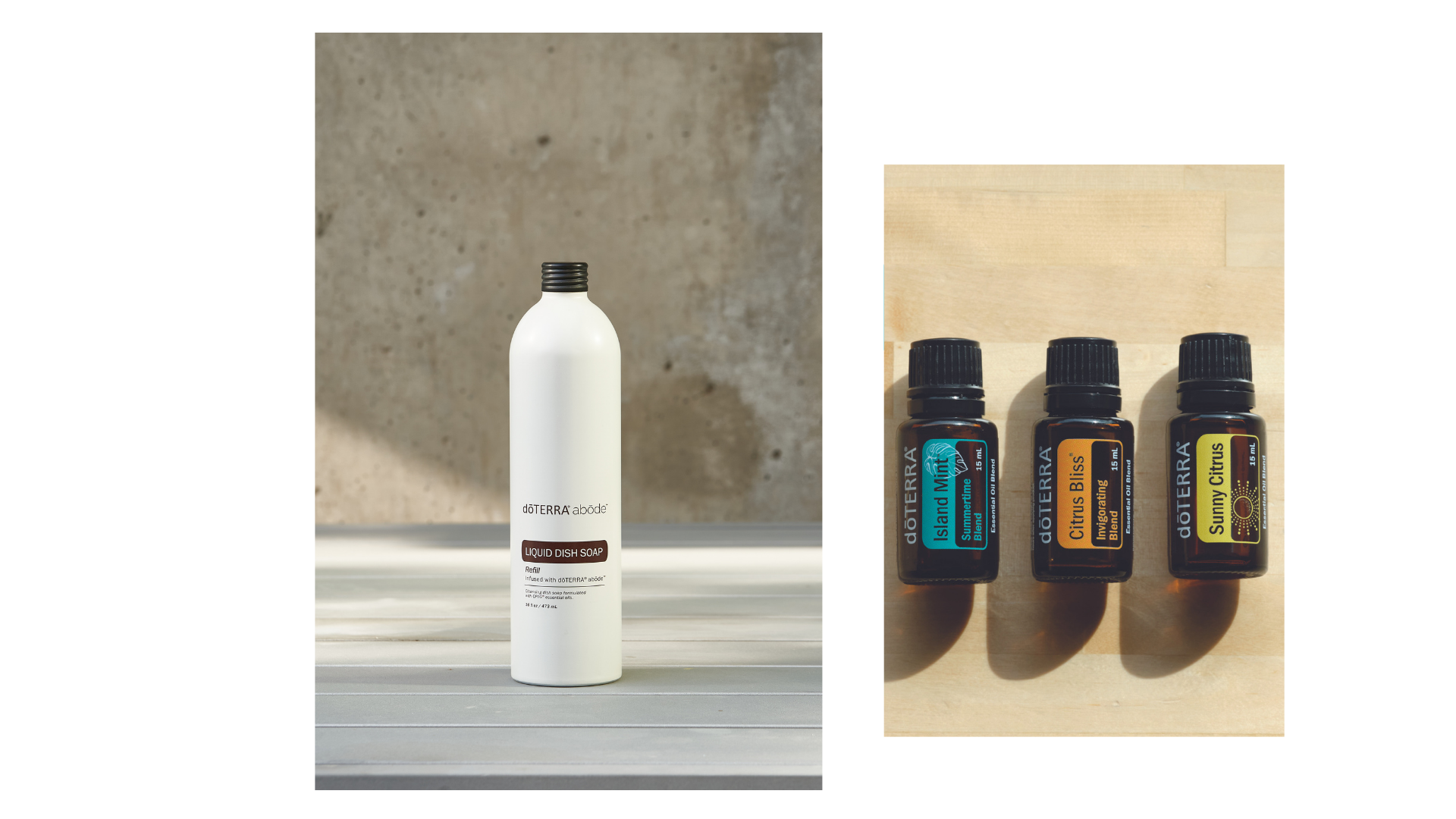A bottle of doTERRA liquid dish soap and three small bottles of doTERRA essential oils on a wooden surface with shadowing and background.