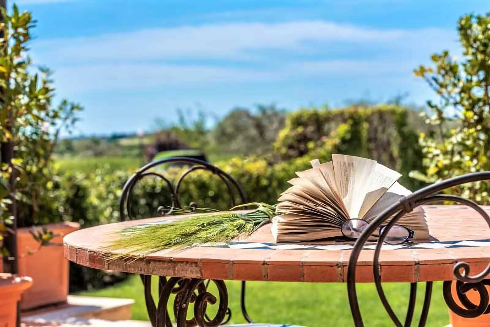 An open book and a bouquet of dried flowers on a round wooden table outdoors, with greenery and a blue sky in the background.