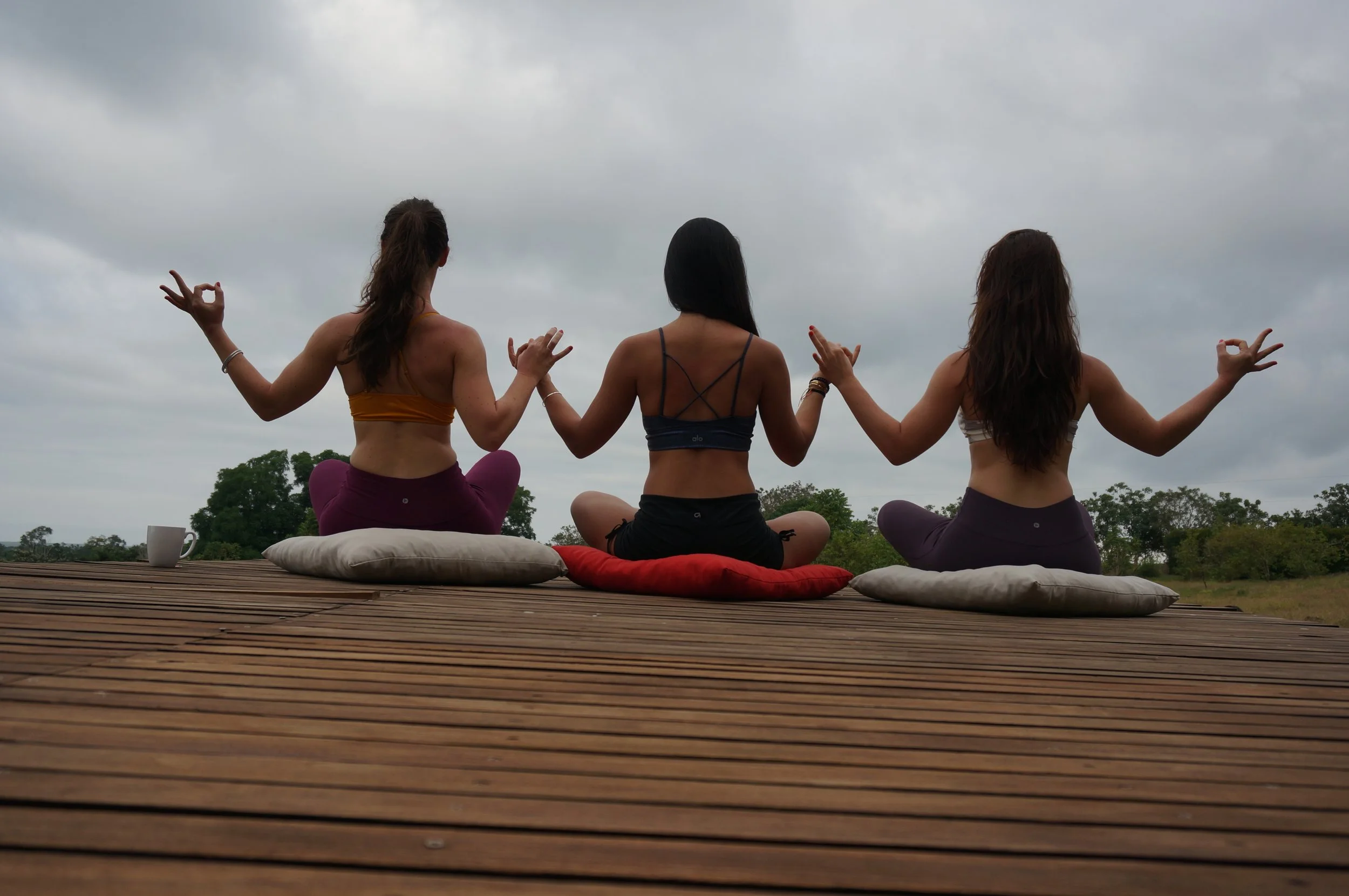 Three women practicing yoga outdoors on a wooden deck, sitting cross-legged on cushions, facing away and holding hands, with cloudy sky and trees in the background.