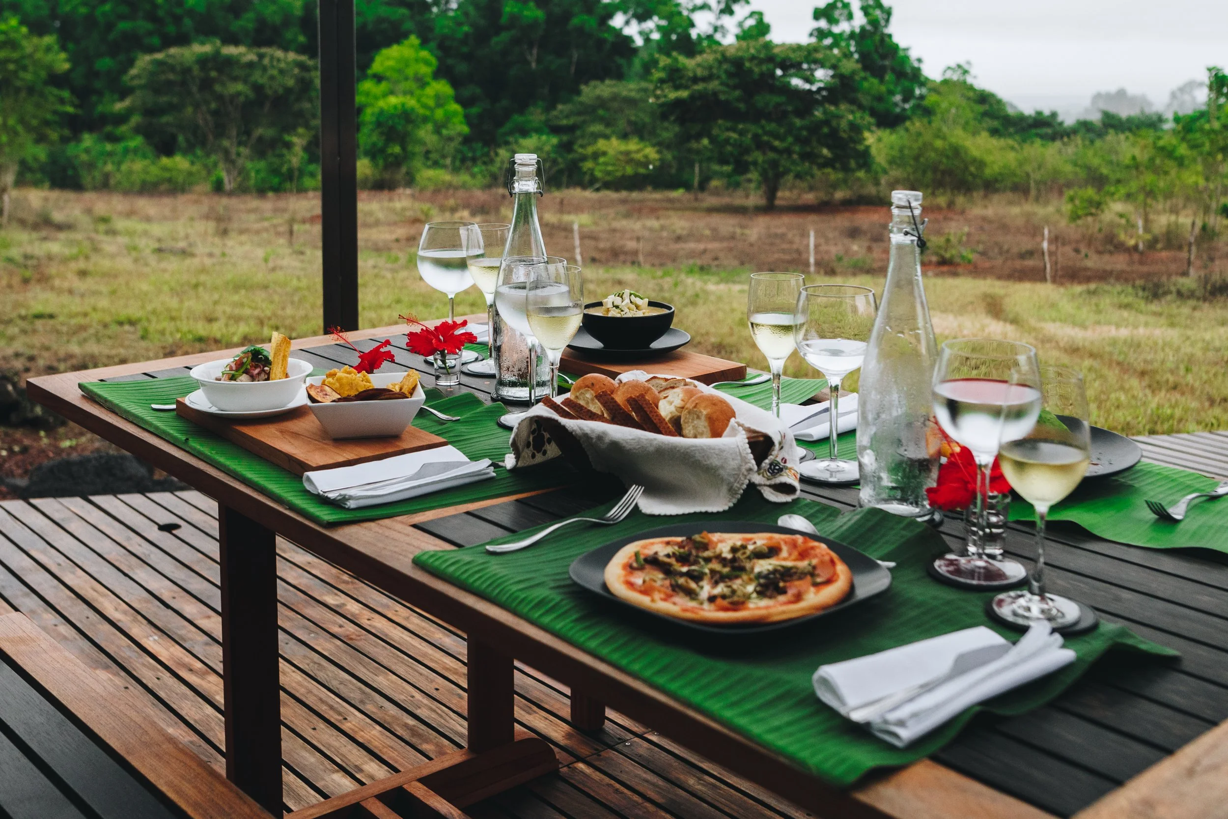 An outdoor dining table set with plates of pizza, bread, and salads, along with glasses of white wine and water, on a wooden deck with a green tablecloth and a scenic green landscape in the background.