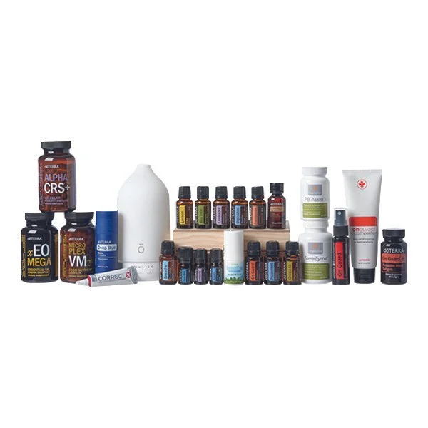 Assorted essential oils, supplements, and health products on a white background.