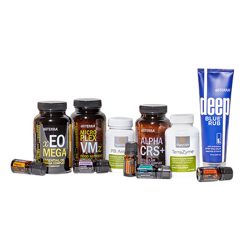 Array of bottles, capsules, and a tube of doTERRA essential oils and supplements, including Deep Blue rub.