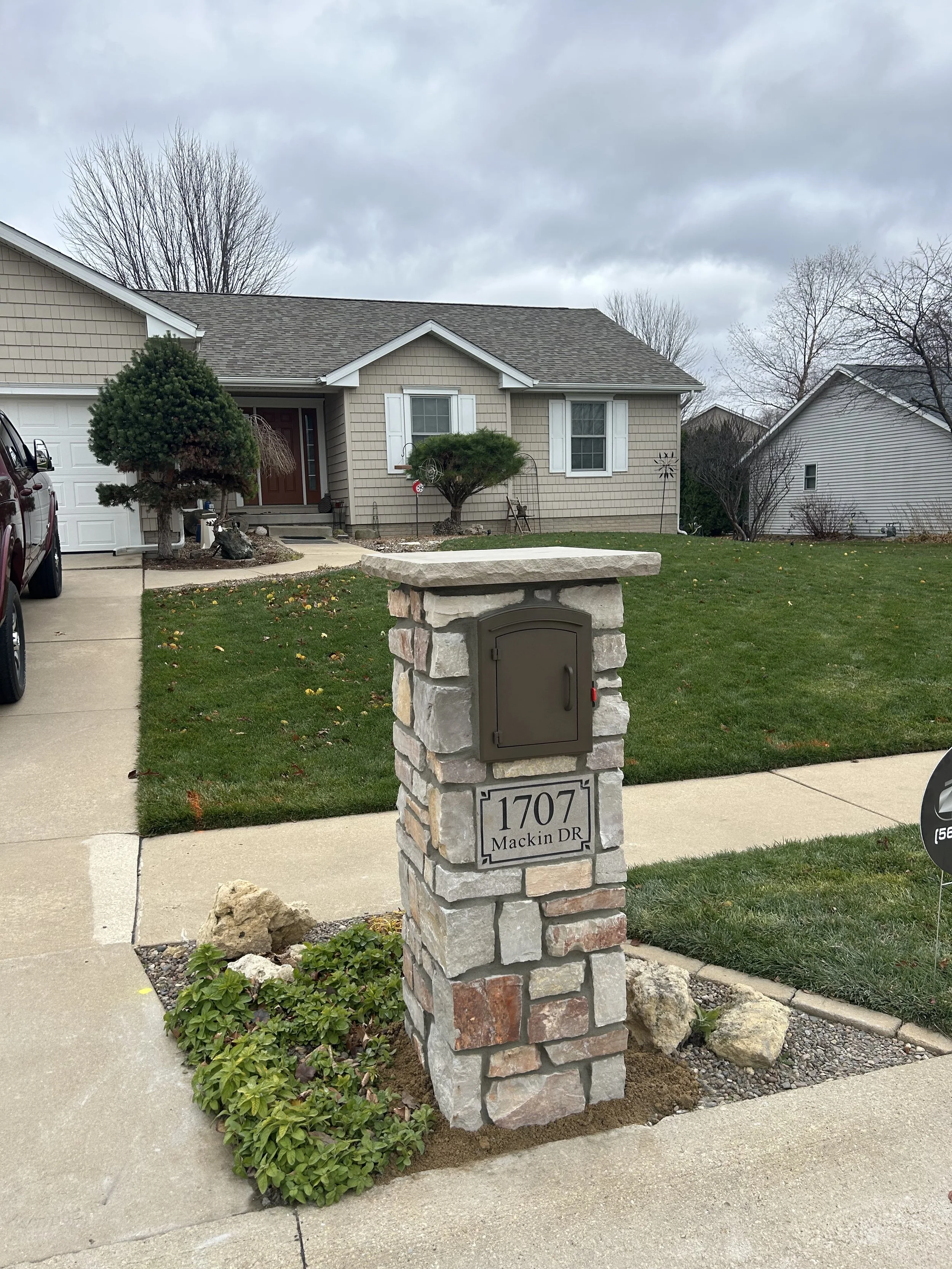 Stone mailbox column installation in Rock Island Illinois
