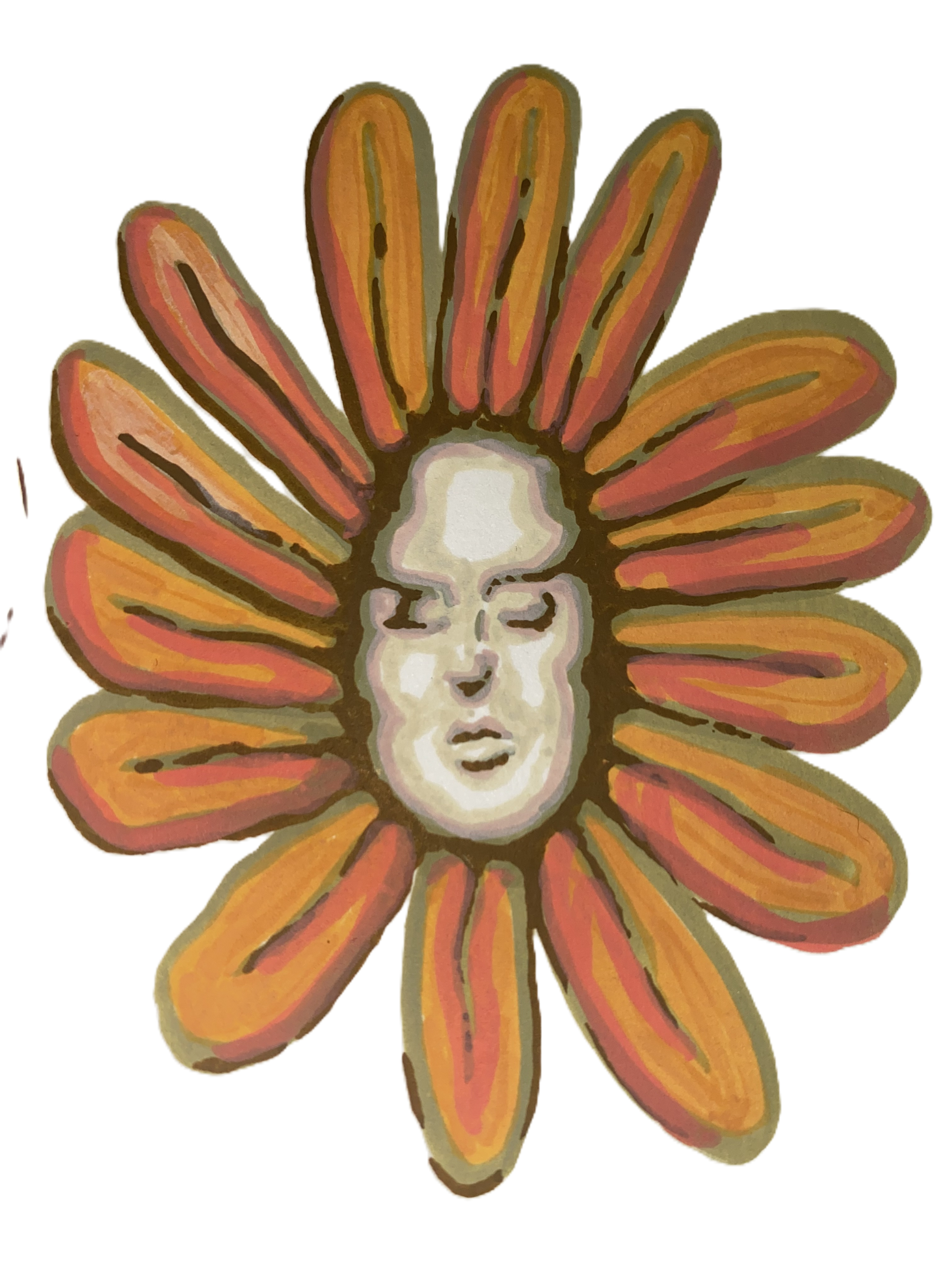 A watercolor-style illustration of a flower with orange and yellow petals surrounding a humanoid face with closed eyes and a peaceful expression.