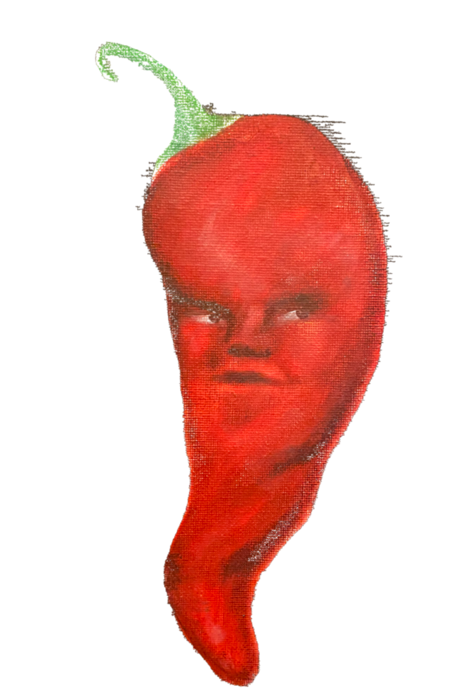 Person with a human face on a red chili pepper, emphasizing a humorous and surreal visual.