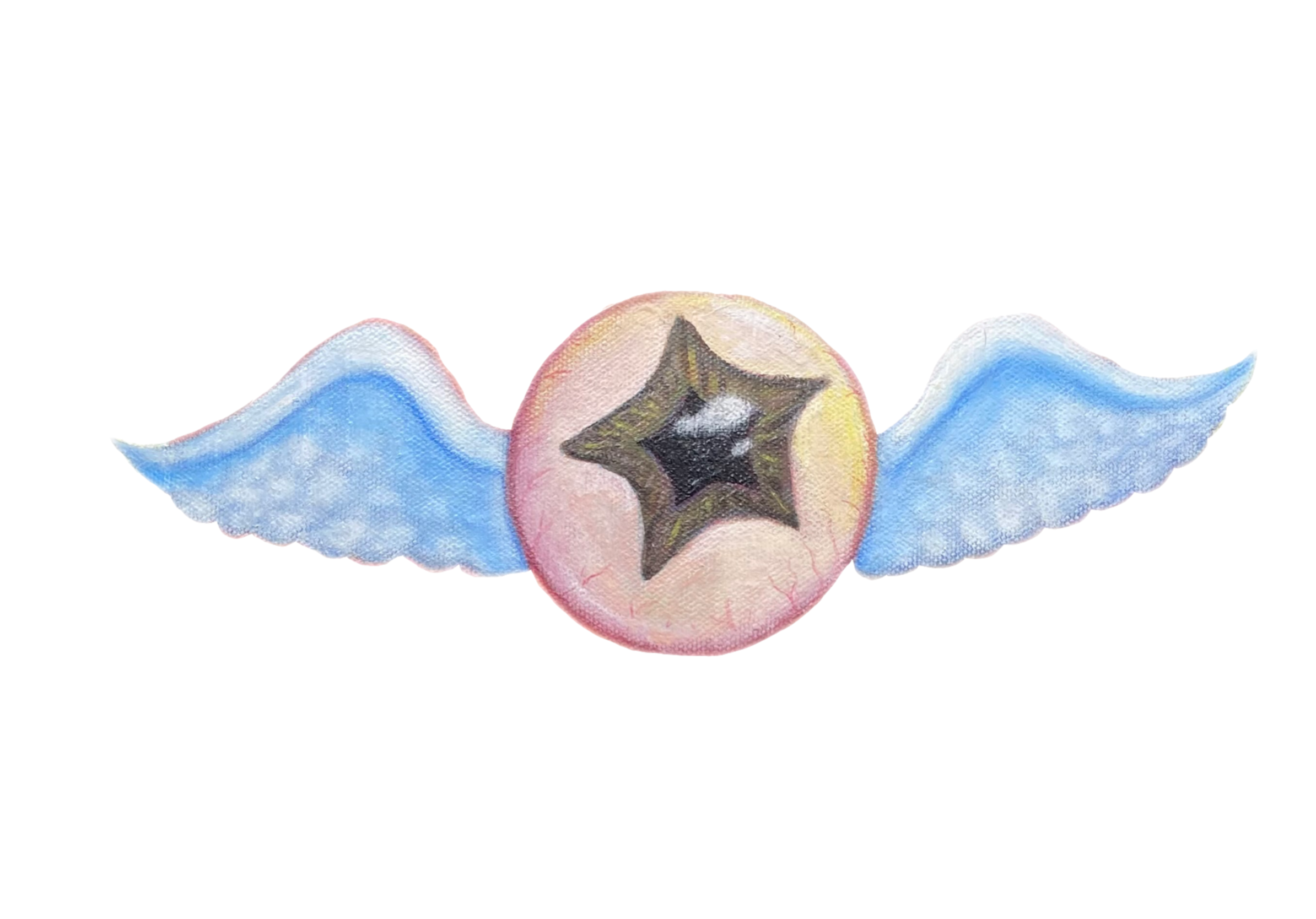 A digital illustration of a pinkish, cracked sphere with a black star-shaped opening in the center, flanked by two blue wings.