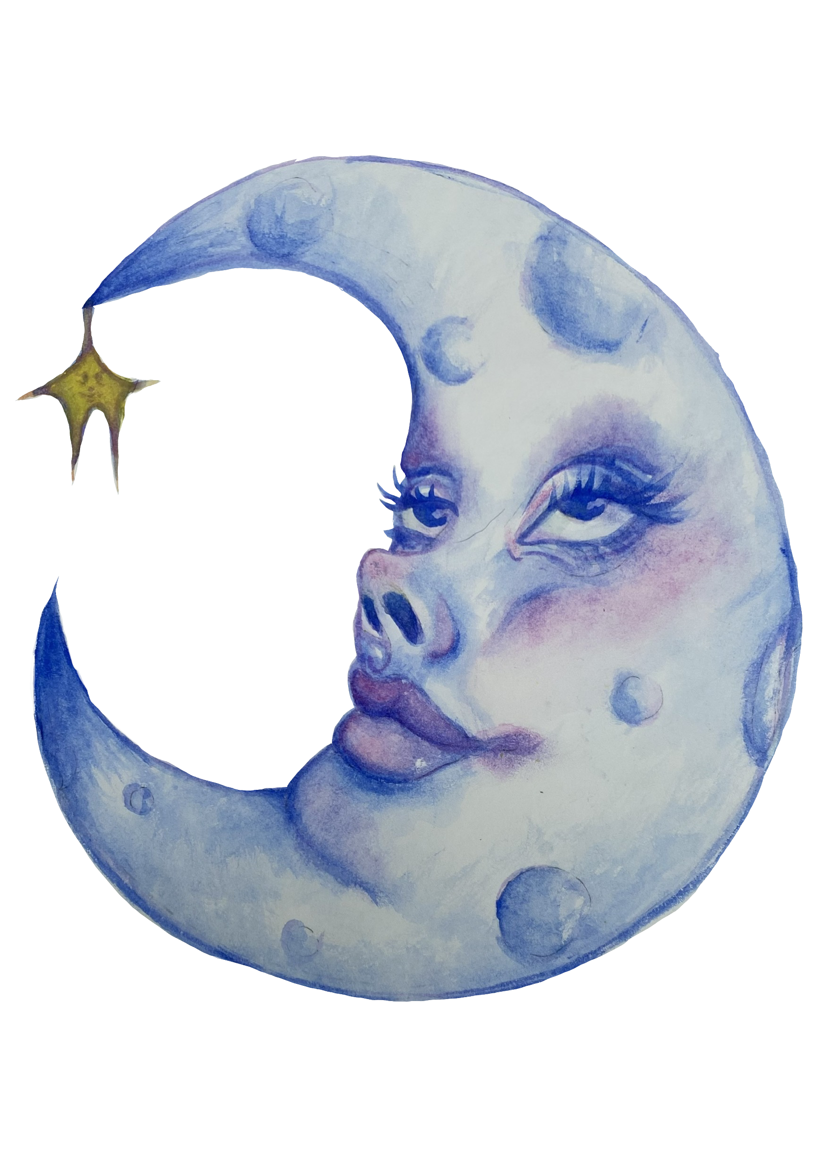 A watercolor painting of a moon with a woman's face, with stars around it, against a black background.