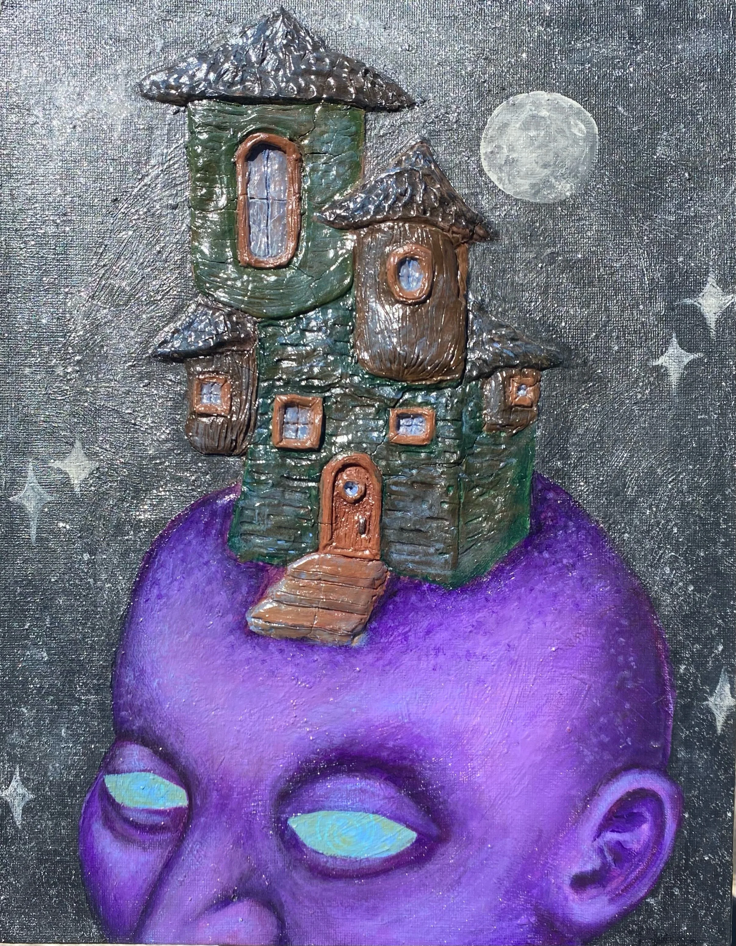 A surreal painting of a purple head with closed eyes and a large green house with multiple windows and turrets on top of its forehead, set against a starry night sky with a full moon.