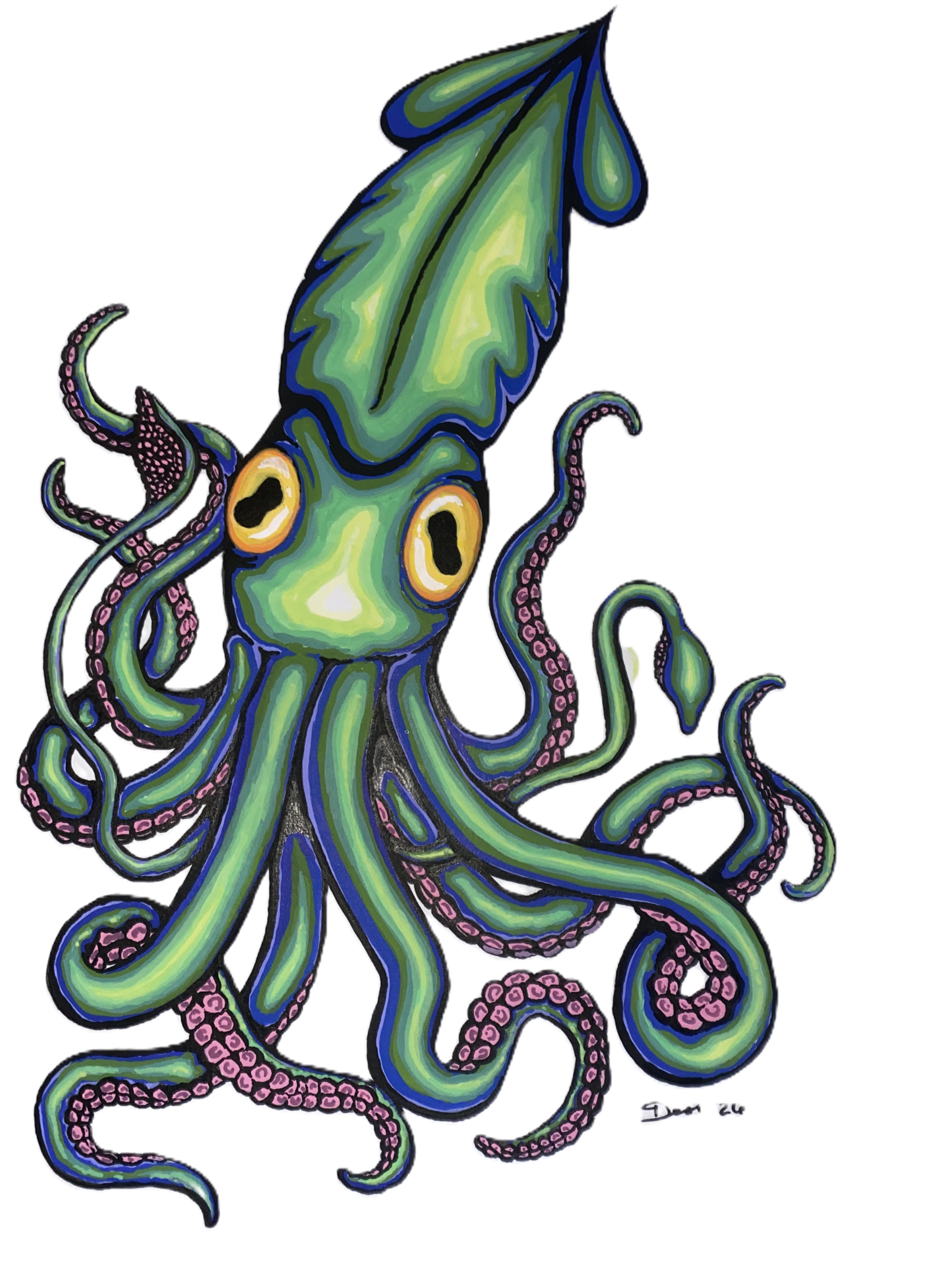 Colorful illustration of a squid with green, blue, and pink colors, cartoon style.