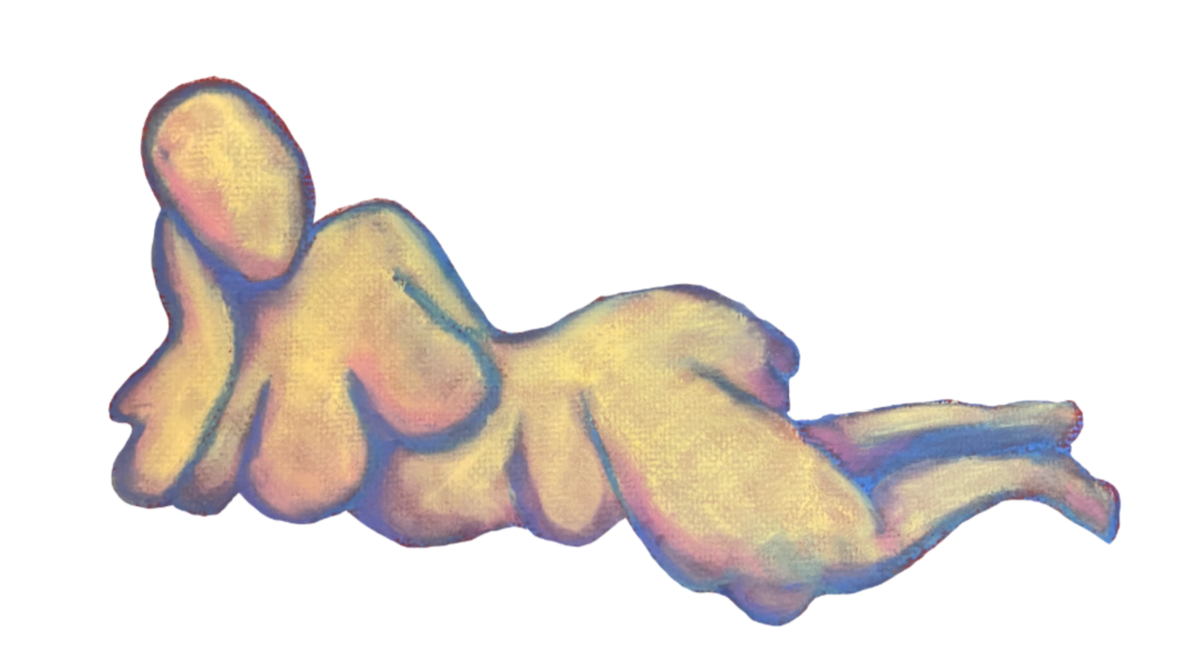 Illustration of a yellow, pink, and blue abstract figure lying on its stomach with a relaxed pose.