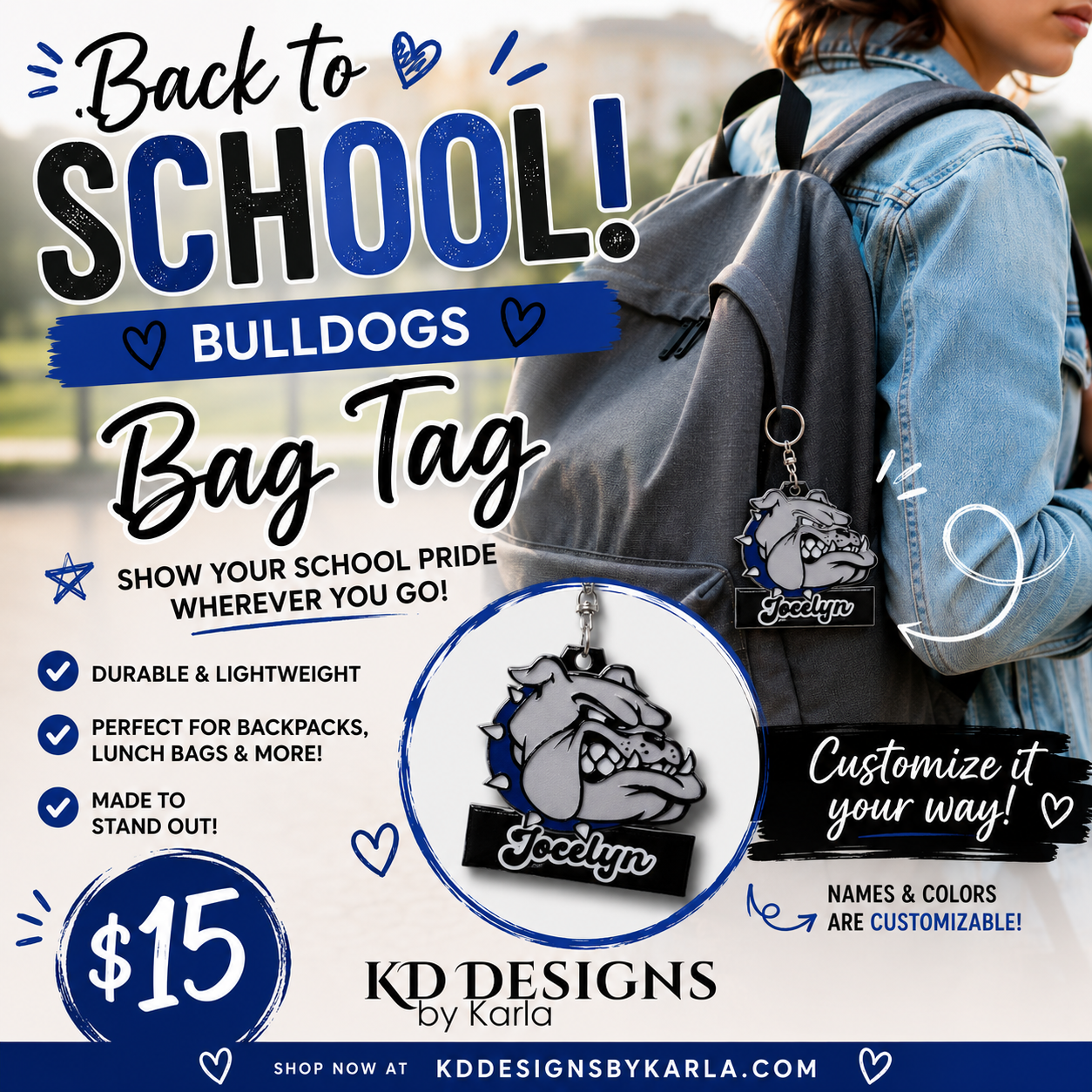 Personalized Wooden Bag Charm - Bulldogs