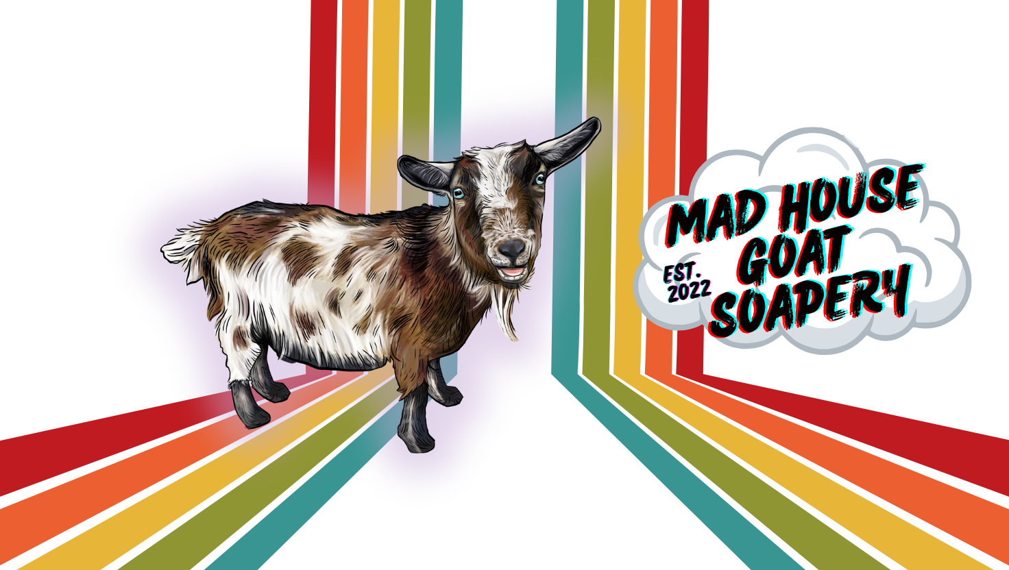 A colorful retro-style background with vertical stripes in red, orange, yellow, green, and blue. A cartoon-style goat with brown and white fur and blue eyes stands in the foreground. A speech bubble to the right contains the text "MAD HOUSE GOAT SOAPERY EST. 2022" in bold, stylized font.