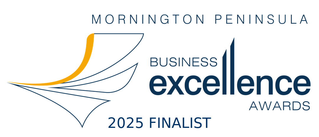 Mornington Peninsula Business Excellence Awards 2025 finalist logo with a stylized sailboat graphic and blue and yellow text.