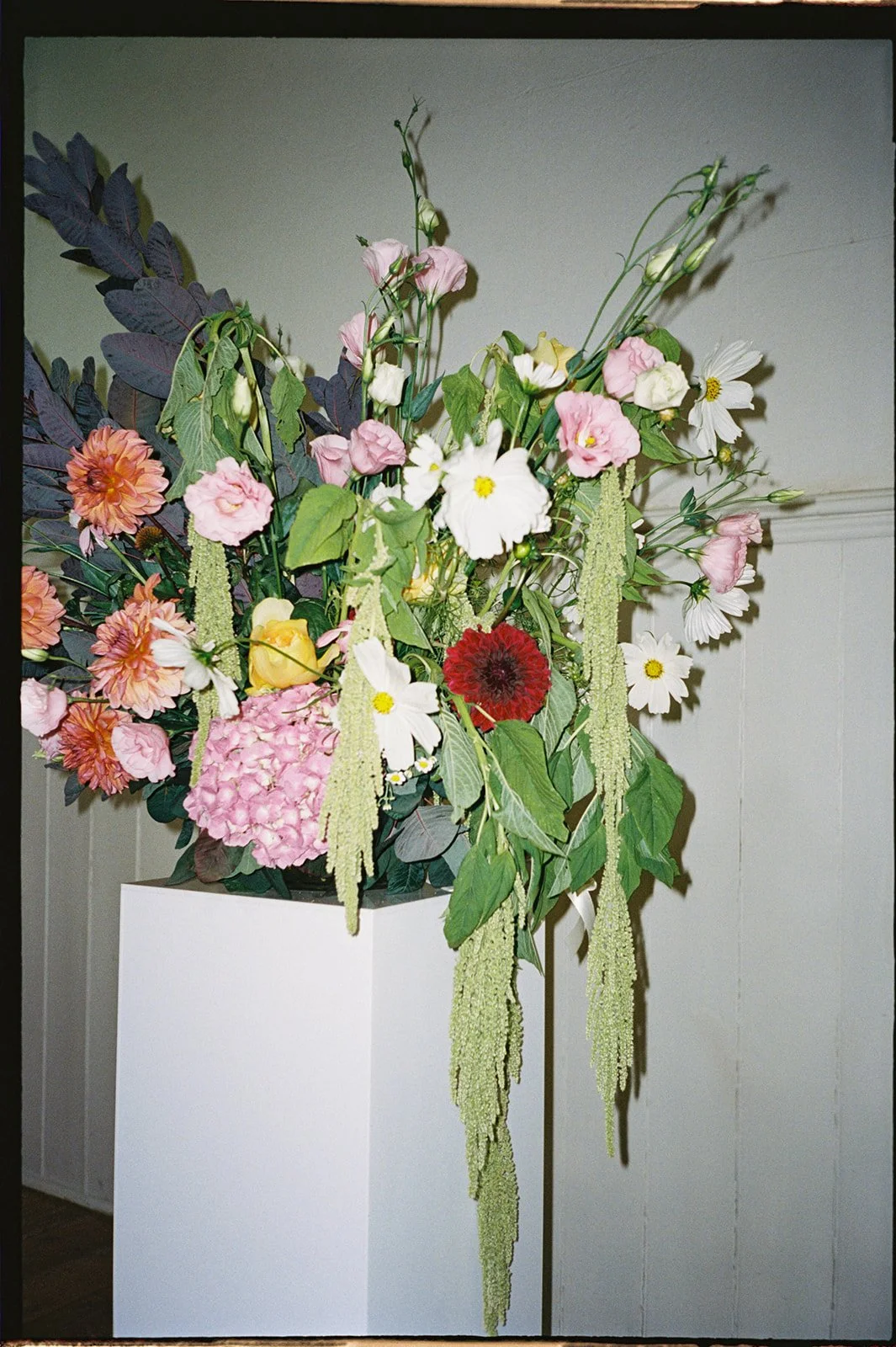 A large floral arrangement in a white square vase with pink, white, red, yellow, and purple flowers and green leaves, set against a plain light-colored wall.