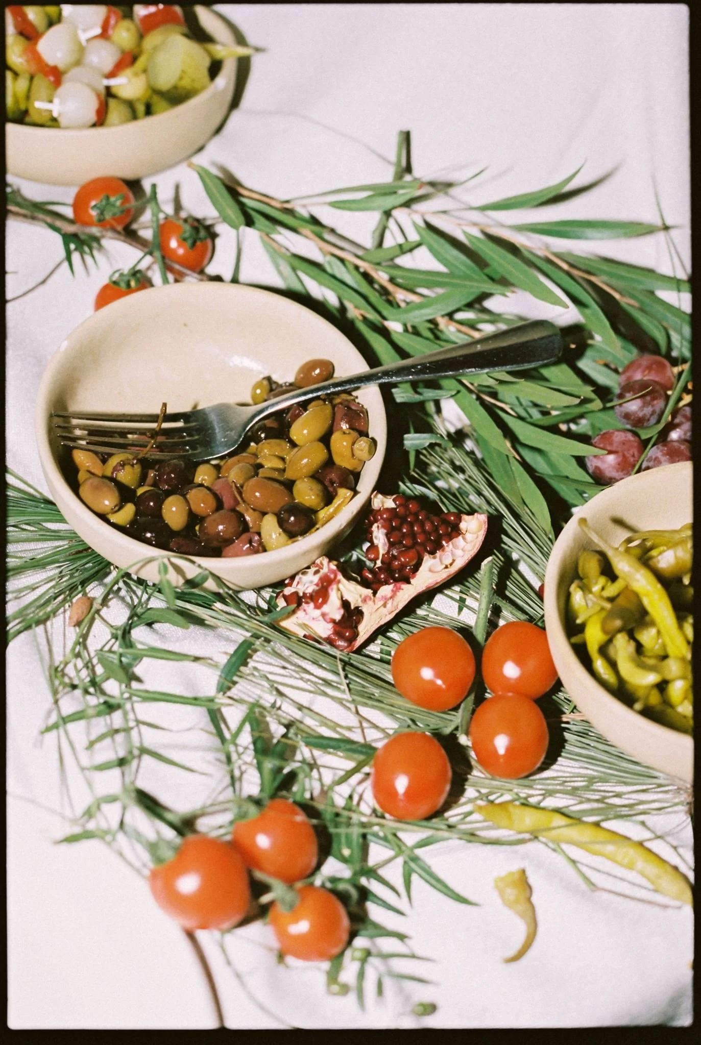 Overhead film photograph of olives, tomatoes and shared dishes arranged on a table at Old Palm Liquor during an intimate Brunswick East wedding.