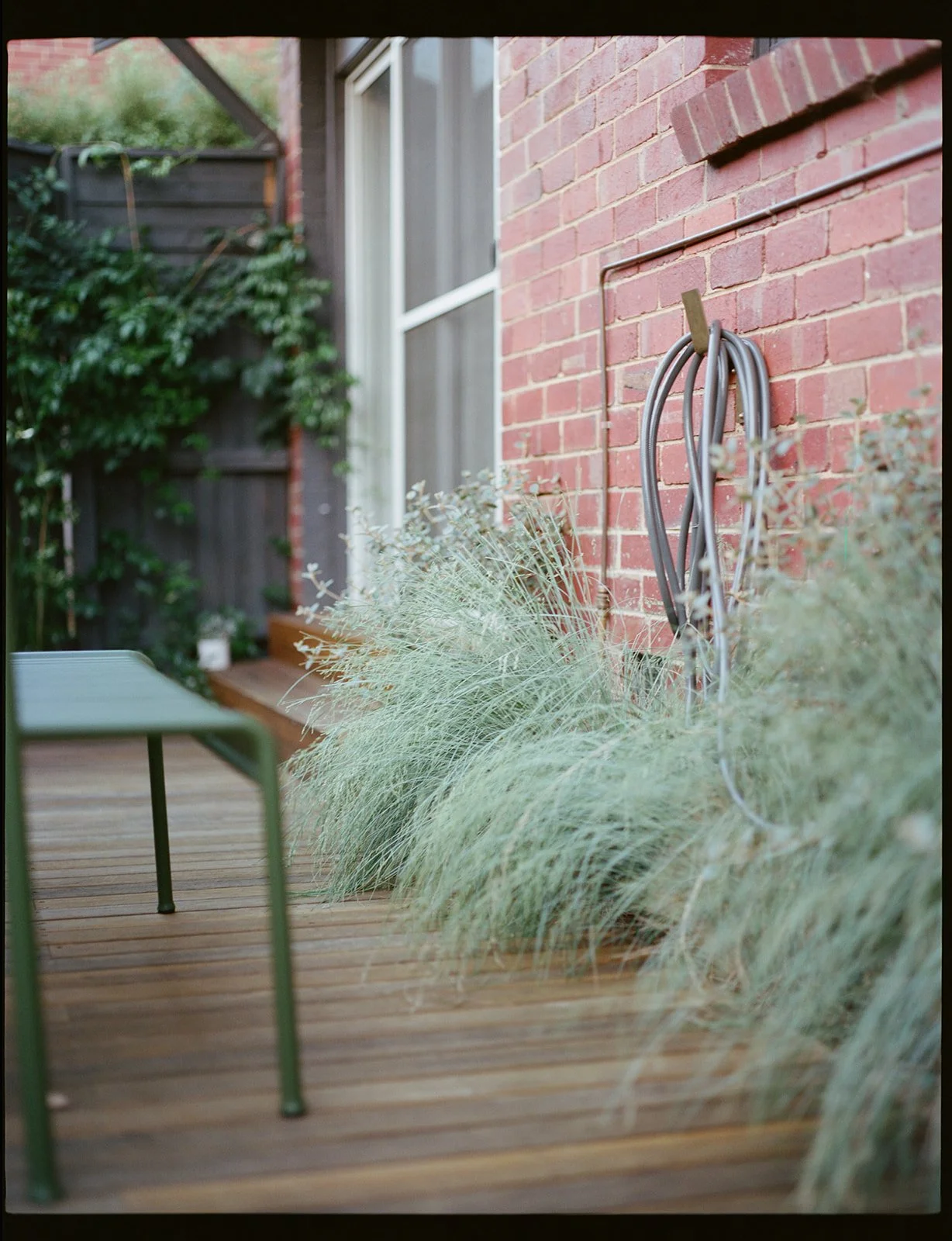 a garden deck with long, soft grasses against a brick wall. A green outdoor table sits on the deck.