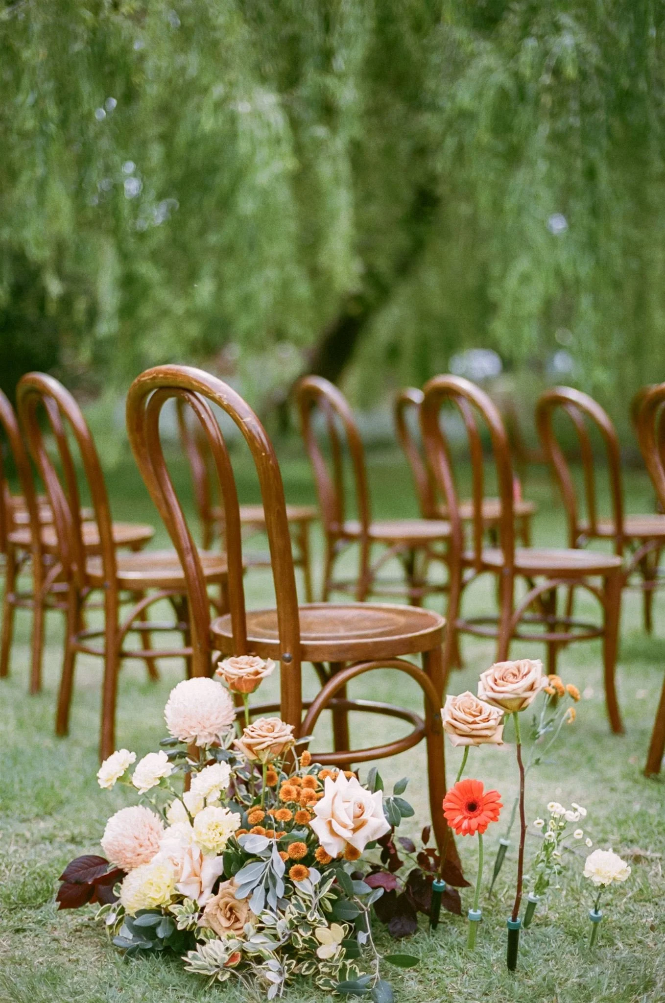 a film photograph of wedding flowers sitting next to a wooden chair at a park ceremony. The flowers are peach, orange, plum, and green.