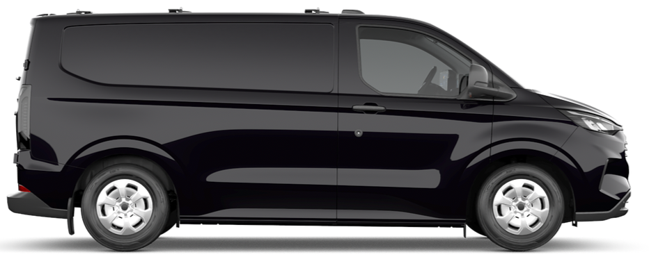 Black cargo van with tinted windows and silver wheels