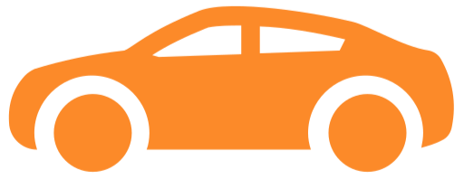 Simple icon of an orange car with black wheels